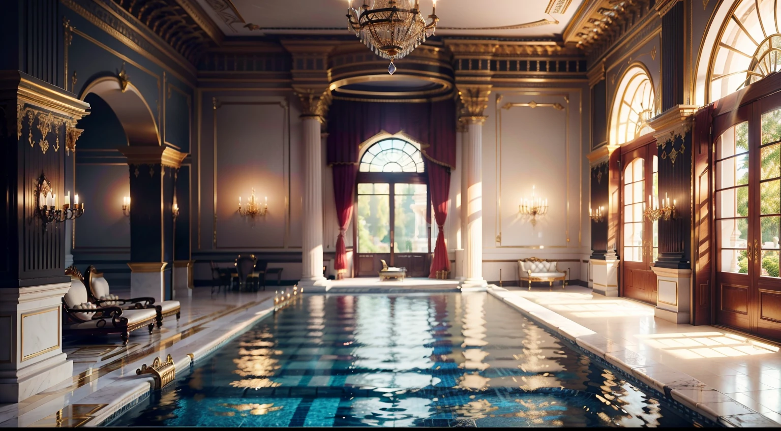 Extremely luxurious palace, Pool next door,Where to see the background of gold details (tmasterpiece) (8K high resolution) (best qualityer) (hyperdefined) (Ultra photo realsisim)(photo RAW) (photograph of-realistic) (Bright lighting)