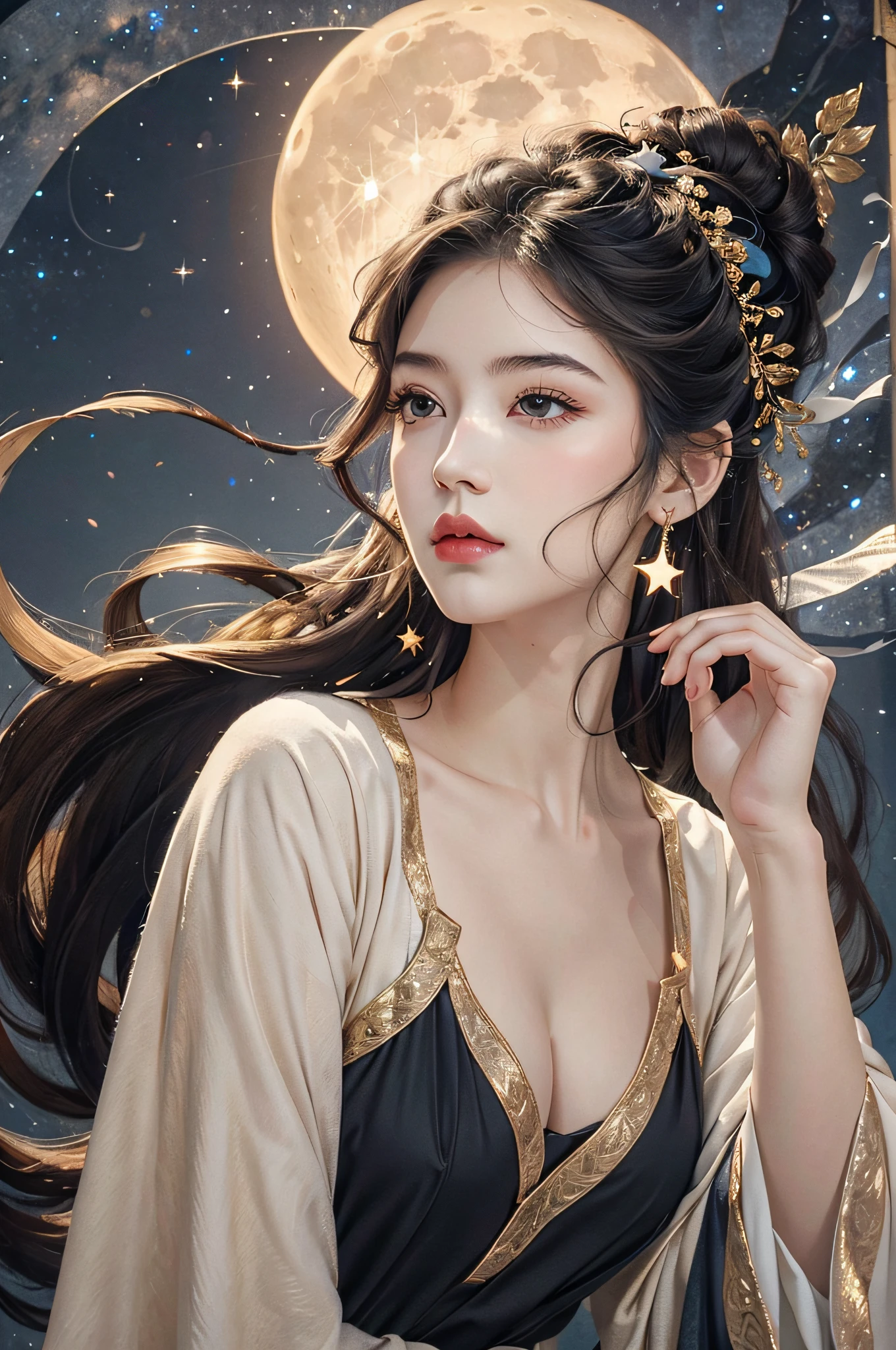 BREAK, (1girl:1.3), solo, looking at viewer, (young cute beautiful 18-year-old girl:1.4), 3d face, (hand of Guido Daniele:1.4), beautiful girl, Beautiful face, pretty, girlface, kpop idol, supermodel, stunning innocent symmetry face, perfect body, medium breast, slim waist, slim legs, (high detailed skin:1.5), glowing eyes, goddess, natural skin texture, shiny skin, White skin, Beautiful detailed face, detailed face, real skin texture, cute delicate face, finely detailed face, golden ratio, golden ratio face, expressive eyes, perfect face, perfect skin, flawless face, clear face, shiny hair, pale skin, Proper body proportion, perfect anatomy, realistic skin texture, luscious lips, glossy lips, natural makeup, beautiful bright pupils, slender figure, intricate eyes, detailed pupils, detailed face and eyes, longeyelashes, blush, good hand, perfect hands, pretty face, beautiful female bodies, finely detailed skin, oily shiny skin, clean facial features, an extremely delicate and beautiful, cute & girly, beautiful detailed eyes, stars in the eyes, detailed simmetric eyes, perfect smooth skin texture, BREAK, (((((brilliant colors, (joshua middleton comic cover art, theater dance scene, hypermaximalist, ink painting, instagram contest winner, model pose, fashion color scheme, trending on cgsociety, playful illustrations, imaginative overlays, artistic fusion, fantastical scenes, evocative narratives, striking visuals:1.3), (Glowing ambiance, enchanting radiance, luminous lighting, ethereal atmosphere, mesmerizing glow, evocative hues, captivating coloration, dramatic lighting, enchanting aura:1.2), (moon, palace, Hibiscus, nymphaea, plum blossoms, a girl in hanfu, melanchonic soft light, photorealistic faces, moody lighting:1.4), (night, Night time, moon light, Golden Hour, sky, landscape, stars, starry, galaxy sky, milky way, night sky full of stars:1.2), (dancing, mountain, river, old tree, Ribbon, Elegant, She soared through the air in her flowing dress and flutter