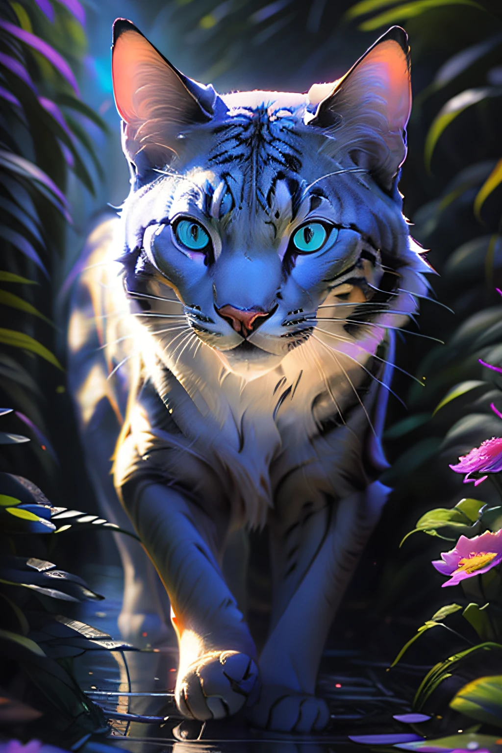 Antro gato realista de cores vivas iriscente com olhos brilhantes e cauda brilhante, ultra realistic antropomorph ethereal cat, gato digital iriscente, arte de fantasia digital colorida, arte digital luminescente, Arte digital altamente detalhada em 4k, 8k arte impressionante, Arte bonita UHD 4K, Arte digital detalhada em 4k,