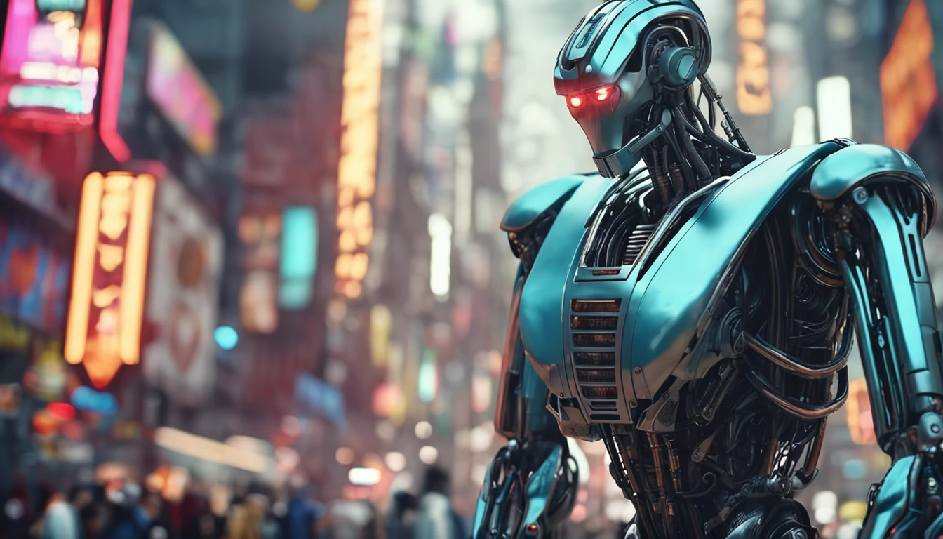 Tall robot gazing at crowd of humans, CIDADE FUTURISTA, Cyberpunk, 3D-rendering, alta qualidade, Realistic photo,