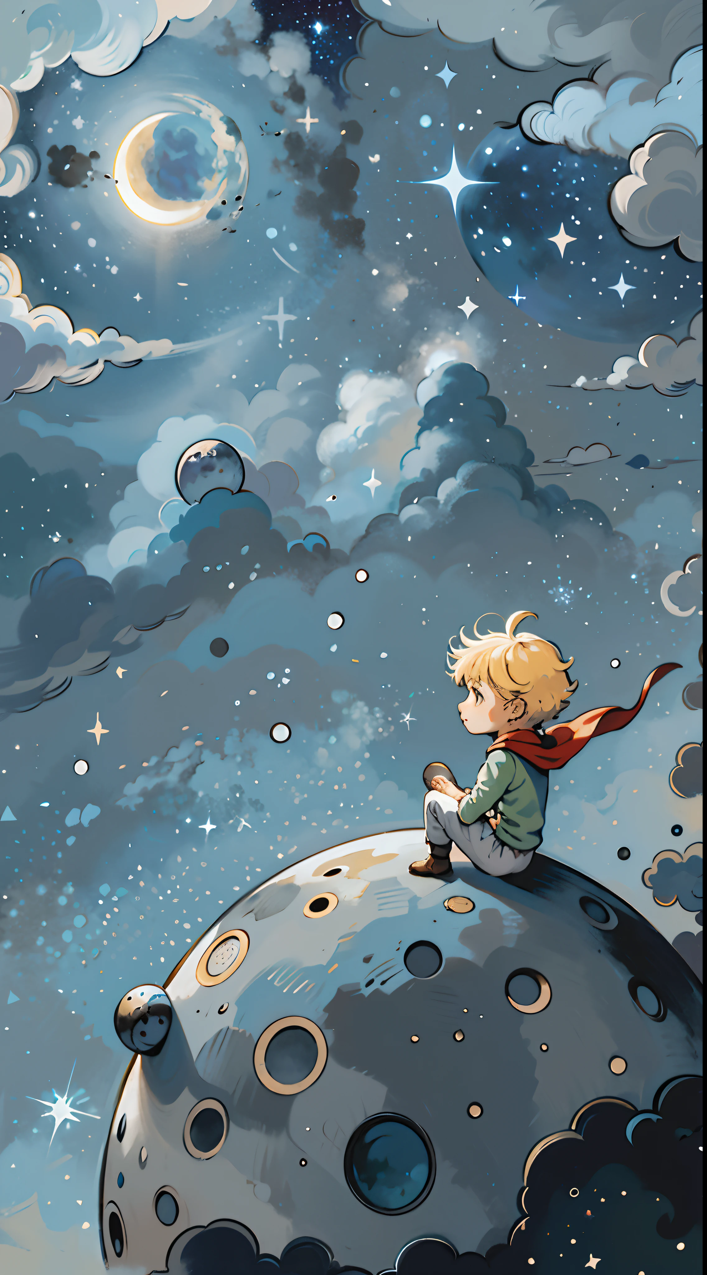 there is a boy sitting on a moon with a cape on, the prince, sitting on the cosmic cloudscape, sitting on a moon, illustration for children, children’s book illustration, children's book illustration, children book illustration, children's illustration, childrens book illustration, childrenbook illustration, kids book illustration, illustration!, epic full color illustration, full color illustration