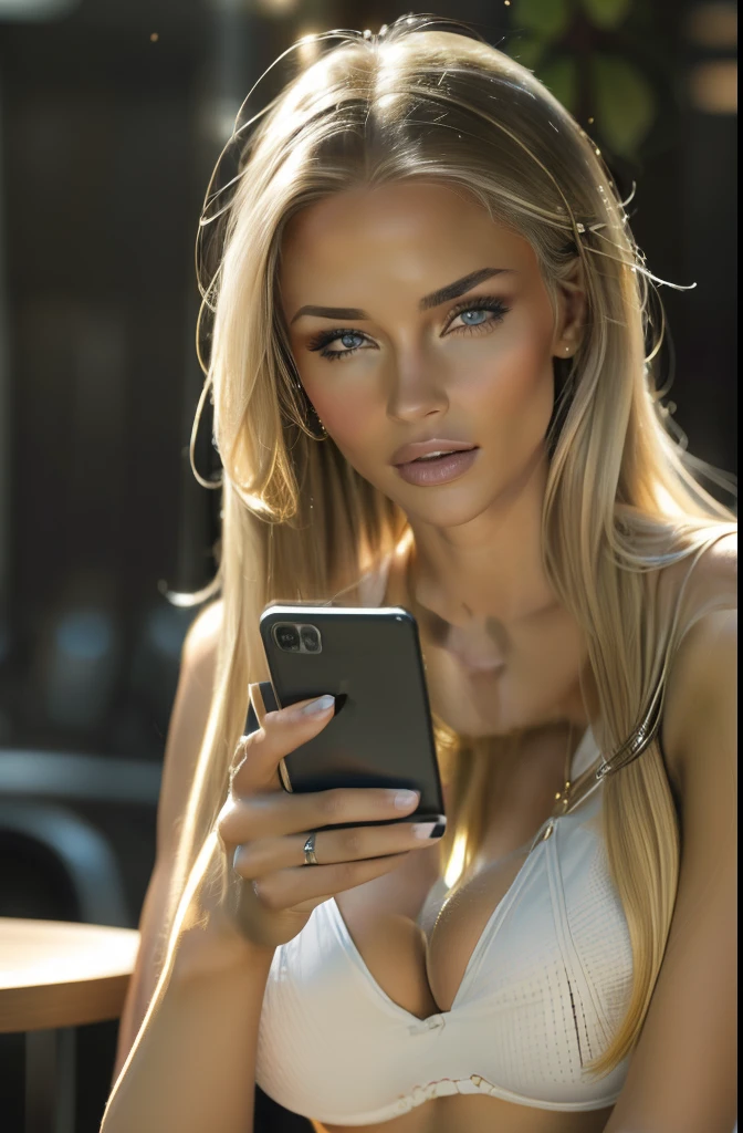 (Mikayla Demaiter) 23yo Women There was a woman sitting at a table,holding cell phone, checking her phone, checking her phone, f / 1. 9 6. 8 1 mm ISO 4 0, blonde woman, Eating, she is holding a smartphone, looking distracted, good eyes (brightening light:1.2), (Increase quality:1.4), (best quality real texture skin:1.4), finely detailed eyes, (Real Face: 1.4), (blonde Hair, Long Hair: 1.3), Hairstyle, (Real Skin: 1.3), Beautiful Skin, Attractive, Ultra High Resolution, Ultra Realistic, High Definition, Golden Ratio, (Detailed Face: 1.4), big butt emphasis, blur background, bokeh, soft lighting,