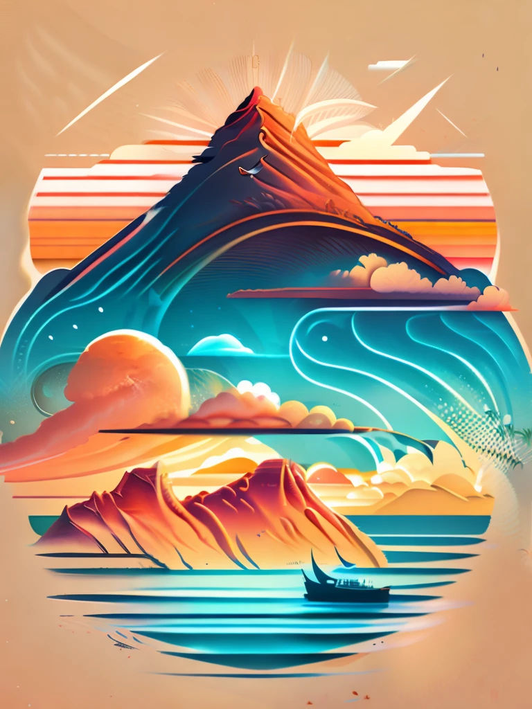 A beach in a summer landscape, T-shirt design, Midjourney, Vector Art, Hydro74