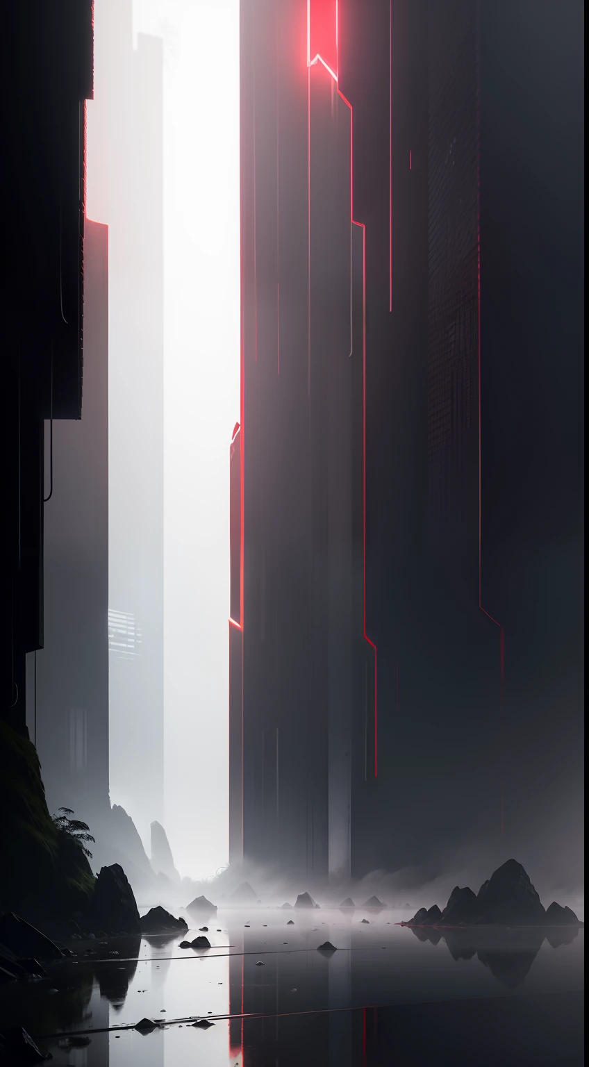 Red glowing rectangle,Slender height,In the thick fog of a rainforest valley,soggy, A sense of mystery, minimalistic composition,Lots of white space,,8k --ar 3:450--v5.2 --s 2