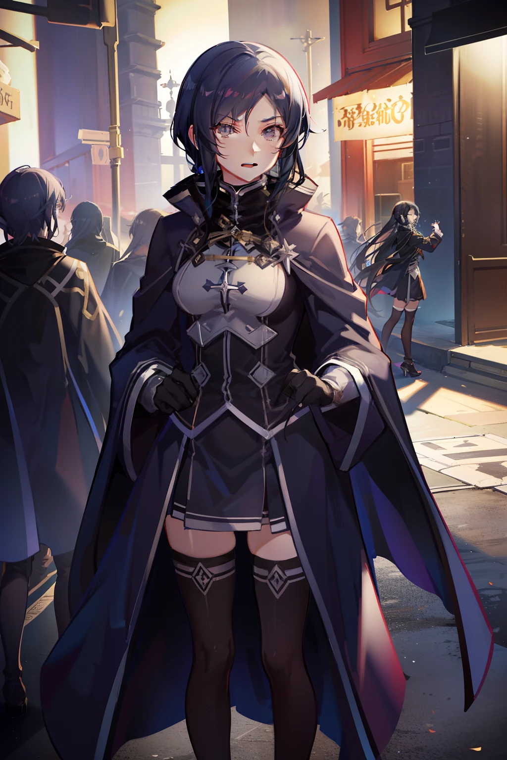 anime of a girl in a coat and cape, nanahoshi from mushoku tensei, nanahoshi, girl, inspired by nanahoshi mushoku tensei, happy, black hair, black eyes, dark eyes, cinematic art, beautiful woman, medium breasts, breasts, bountiful boobs, beautiful art, wearing a suit, wearing a dark blue suit, dark blue tuxedo, in a city, wearing a dark suit, clothes is a suit, posh fancy wear, suit and tie, formal clothes different clothes, suit!, suit!!!, tie!, tie!!.