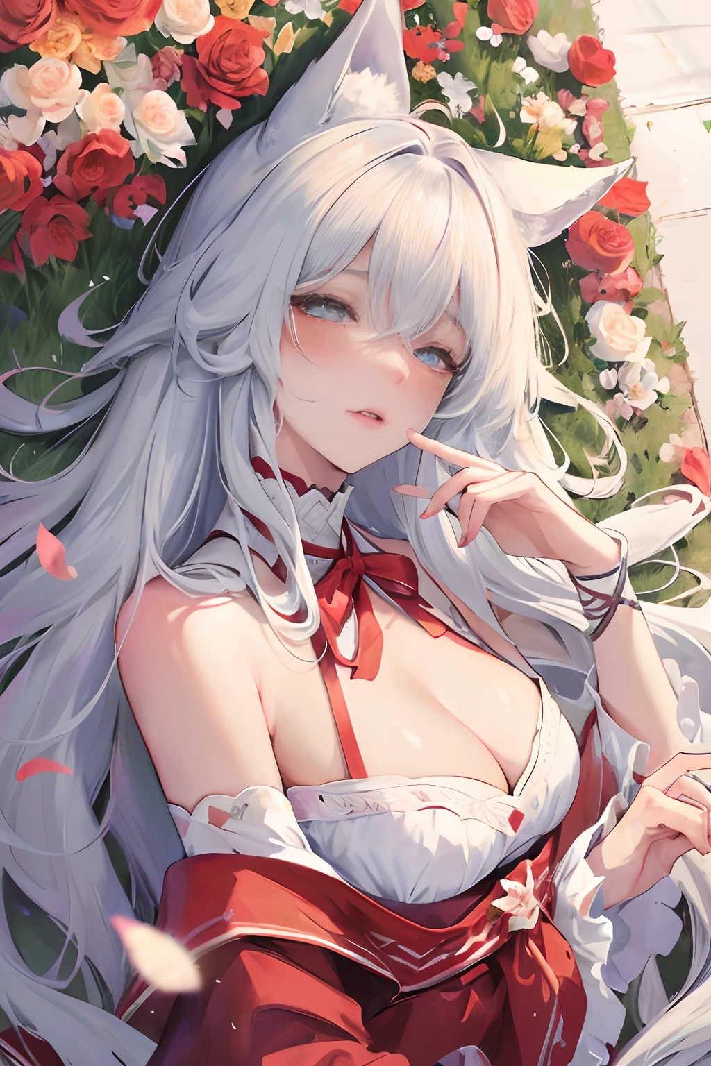 with long coiled hair, flowers in head, Cat ears, Bright pupils, Blush, (Monet:1), anaglyph, Fuji colors, outside border, hyper HD, Masterpiece, ccurate, Textured skin, 4K, Best quality, A high resolution, High quality, hyper HD, Masterpiece, Textured skin, A high resolution, Best quality, High quality, 4K，Rich colors，Raised sexy，semi transparent，sweat leggs，dual horsetail，silvery white hair，Red pupils，Bow knot，(Wolf tail:1)，Dynamic，amaryllis，Yarn，Close your eyes，Charming，Lie down，lay on back，Raised sexy，frontage，Ribbons，Head up，Light