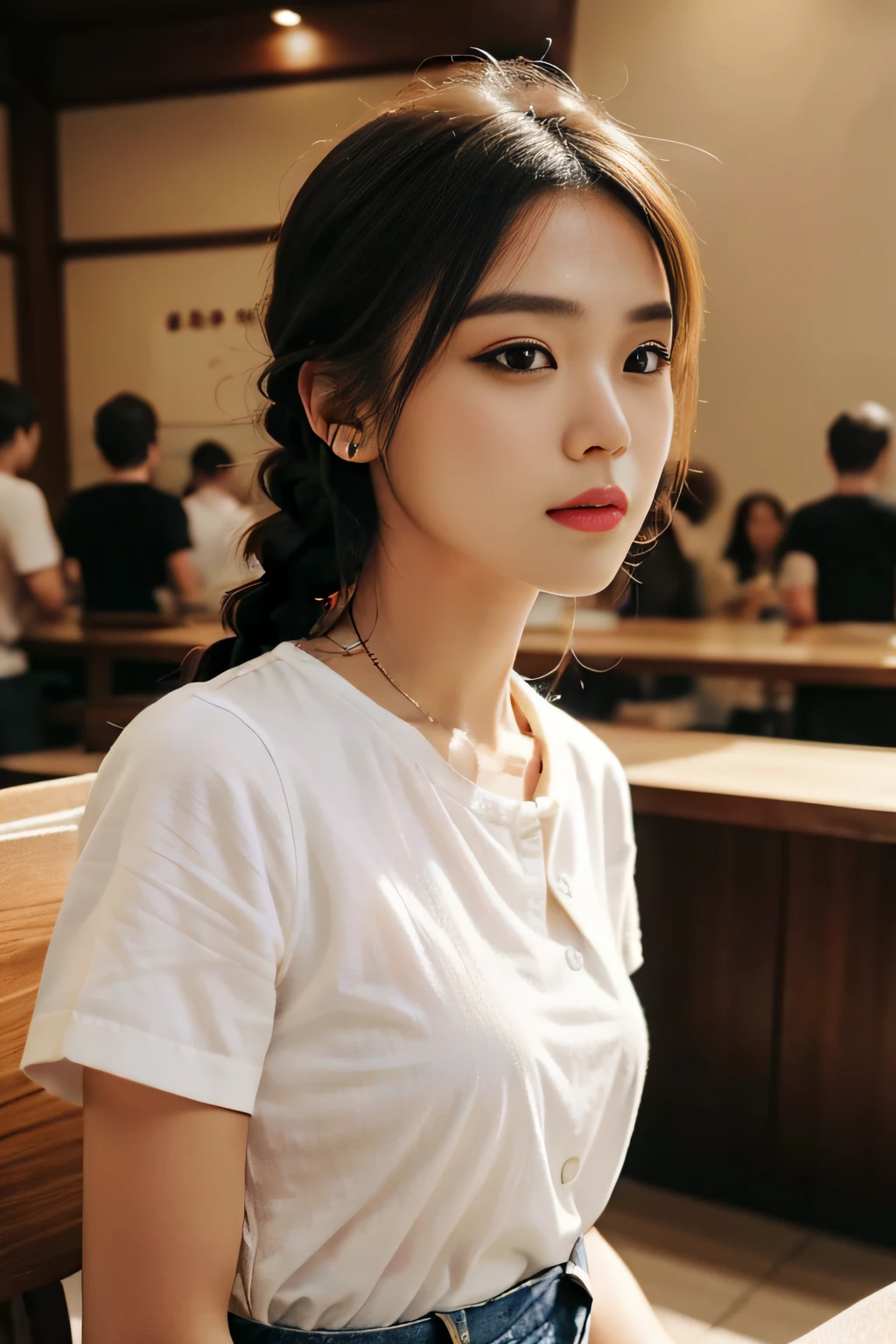 (best quality, complex details: 1.2) ,a girl ,solo, looking at the audience, white shirt ,mini denim short,single braid,drink coffee in the coffee house,many people,realistic,ultra-detailed,photorelistic,detailed face,