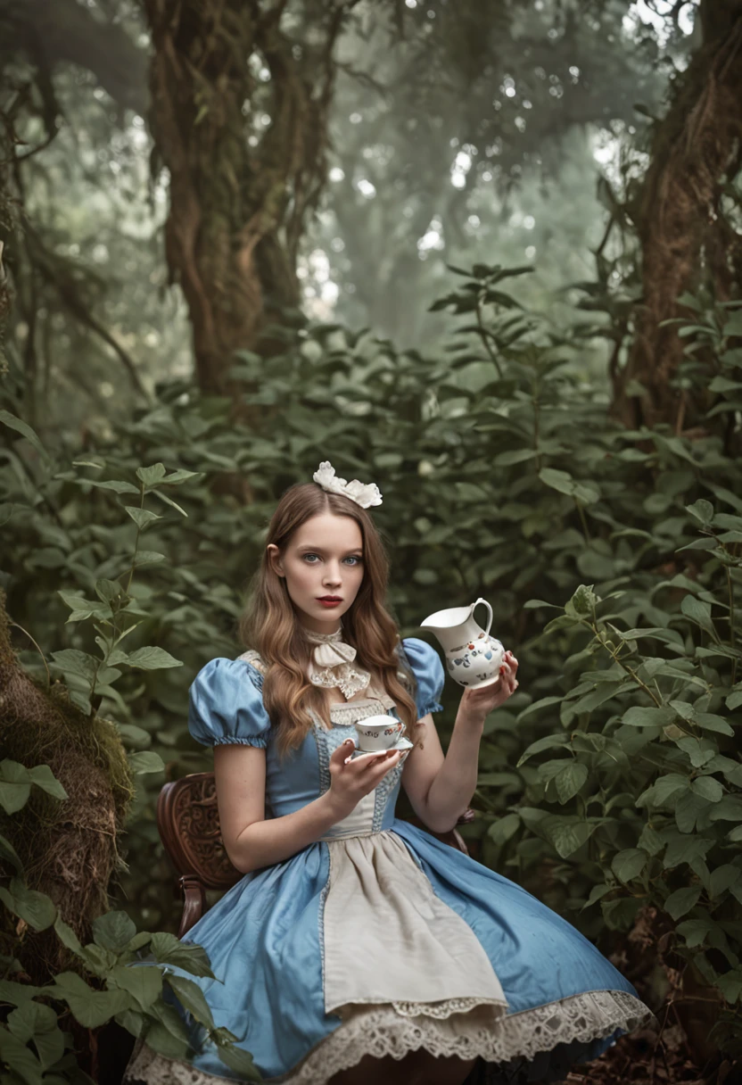 alice in wonderland having tea in a whimsical psychedelic jungle, realistic