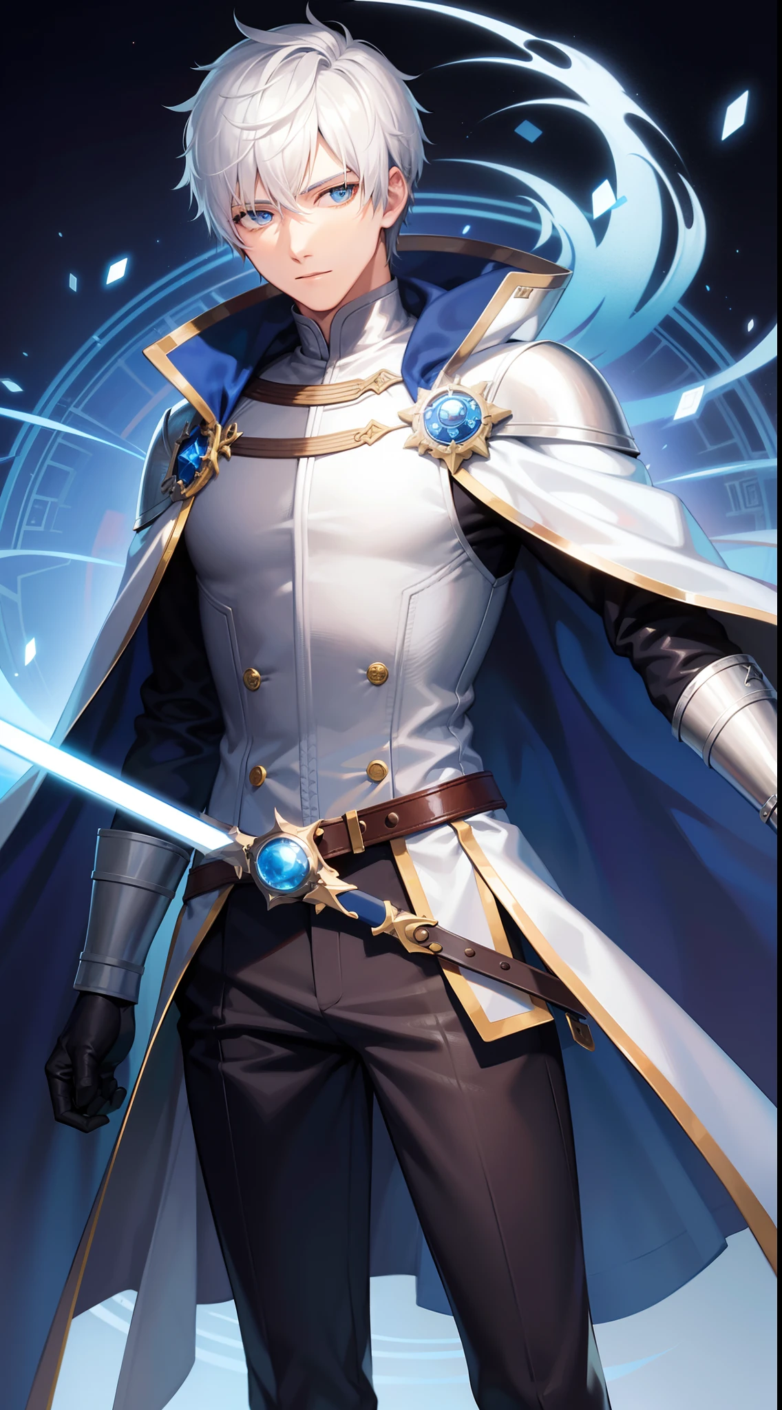 Grown-up guy, short white hair, eyes with blue color, Blue leather cloak, belts, circuits, breeches, two swords, Masterpiece, hiquality