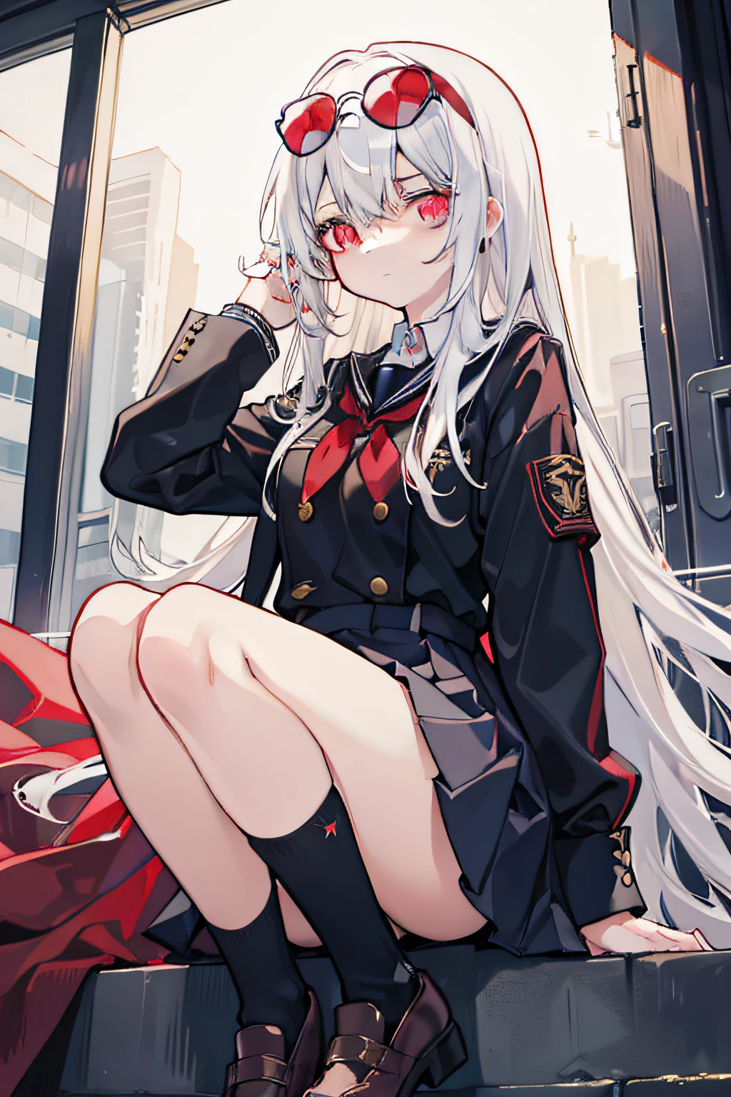 Masterpiece,highly details,1 girl,Solo,White hair,Red eyes,school uniform,sunglasses,black sock,