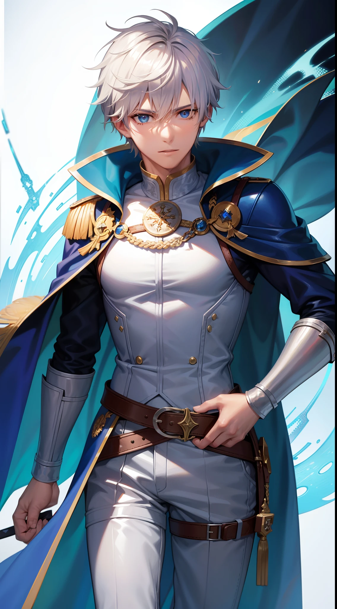 Grown-up guy, short white hair, eyes with blue color, Blue leather cloak, belts, circuits, breeches, two swords, Masterpiece, hiquality