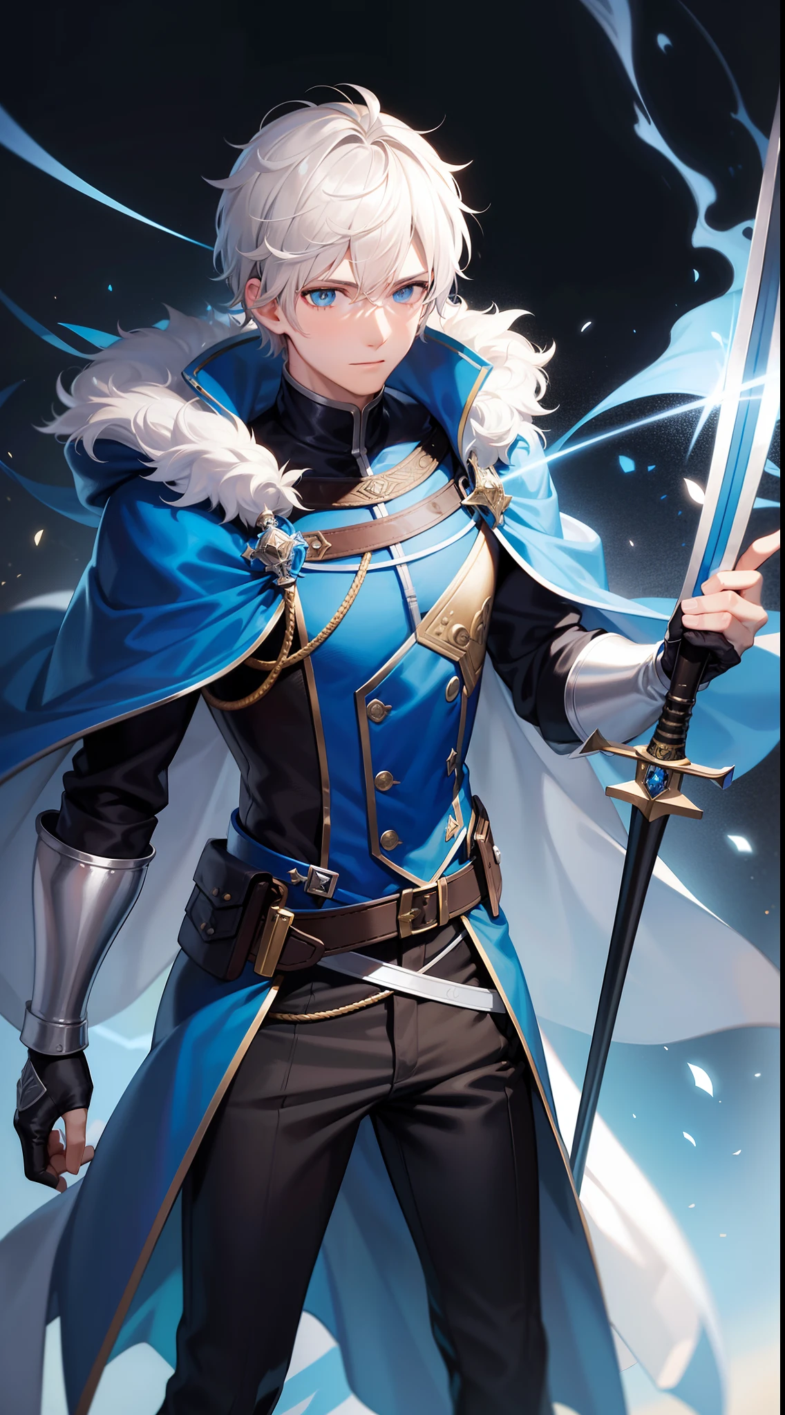 Grown-up guy, short white hair, eyes with blue color, Blue leather cloak, belts, circuits, breeches, two swords, Masterpiece, hiquality