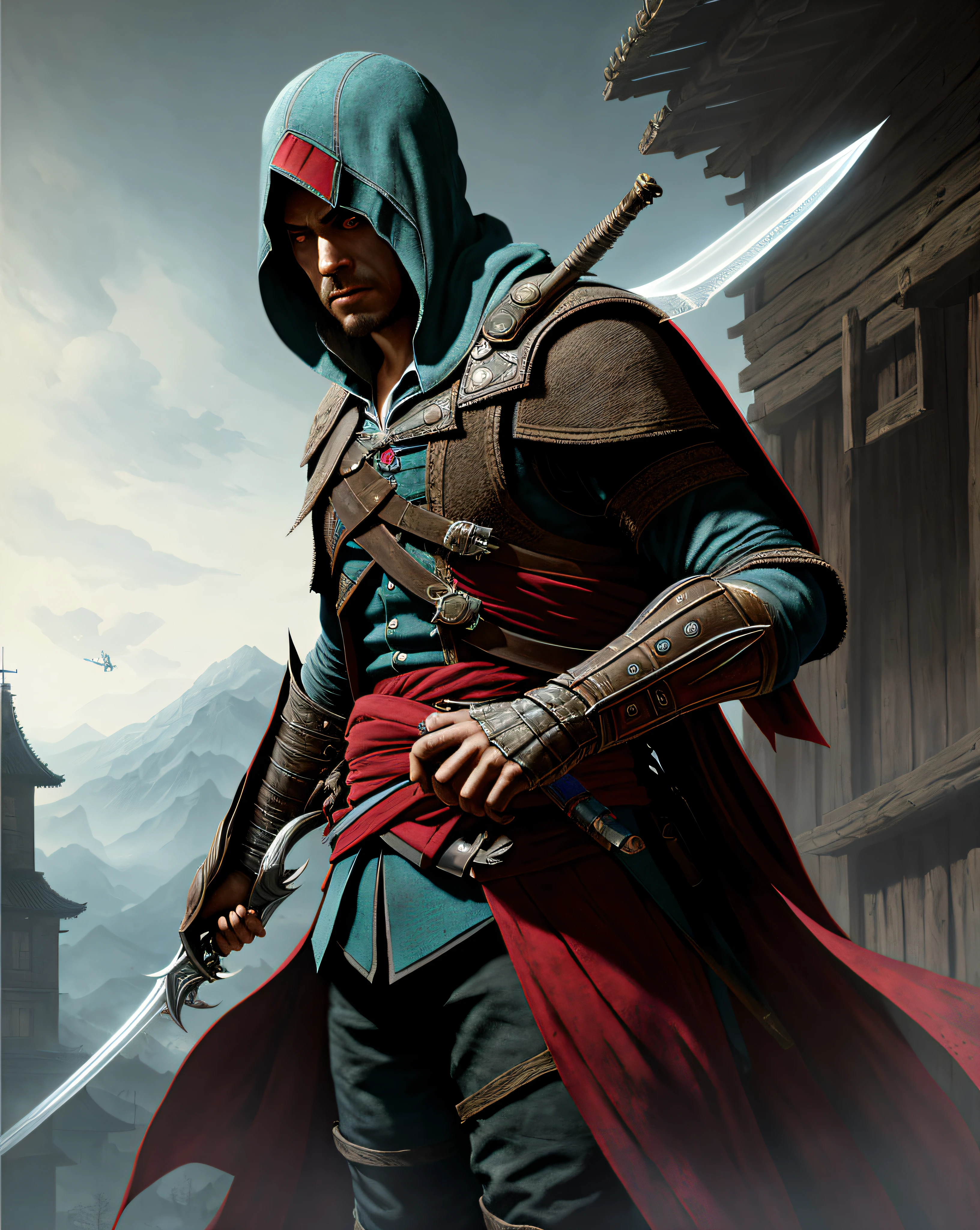 Assassin's Creed Mirage,red eyes,VHS effect,(poster for:1.6),poster on wall,Nostalgia,filmposter,Western film(skin textures),intricately details,finely detailled,Hyper-detailing,Ray traching,sub surface scattering,diffused soft lighting,shallowdepthoffield,author:(Oliver Waite) CGSociety trends,复杂,high detal,Sharp focus,dramatics,The art of realist painting by Greg Rutkowski