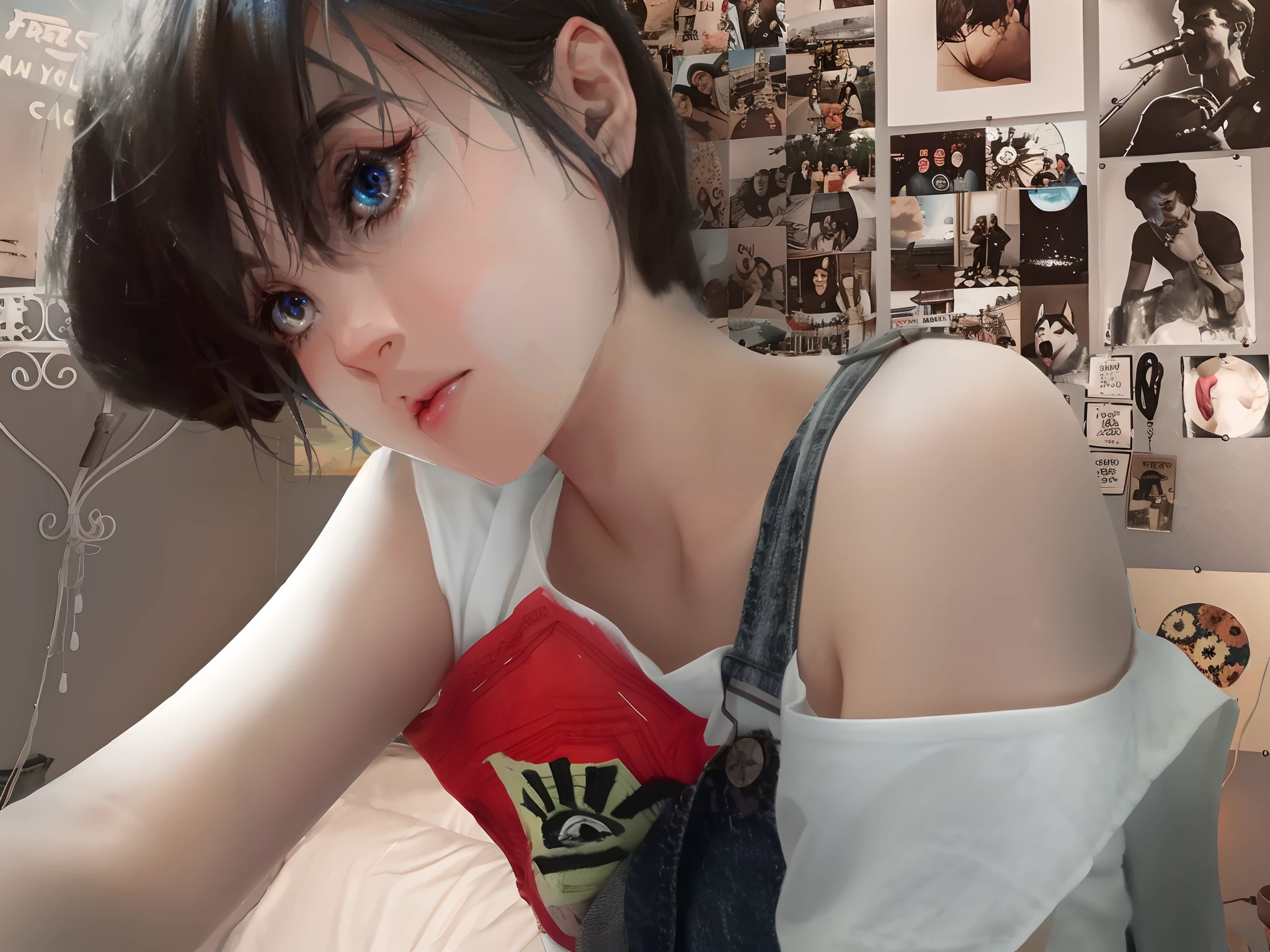 Ultra-high definition 2D art, close-up (1 woman), light blue hair, 2D animation style, soft and delicate depiction, attention also on her full-body tattoos (full-body art), landscape mode, masterpieces by Guweiz and James Jean, tattoo expert designs by CGSCOSITY, etc. A beautiful blue-haired girl who became a hot topic at the trend art station of Japan.
