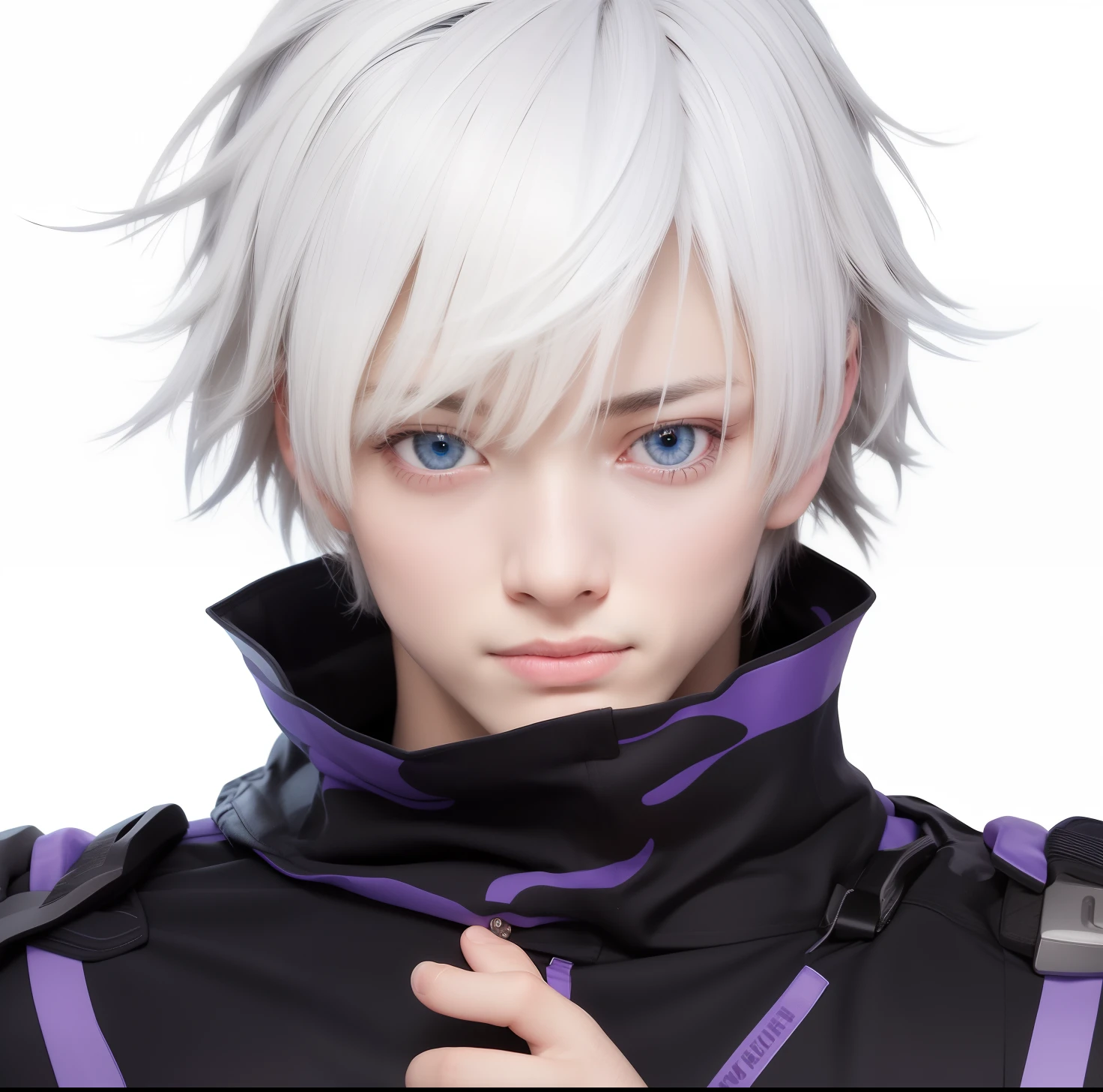 best quality, masterpiece, (realistic: 1.2), 1 boy , handsome boy, blue eye, real life, live action, purple pants, white hair, fitness, fit body, slim body, high definition, high quality
