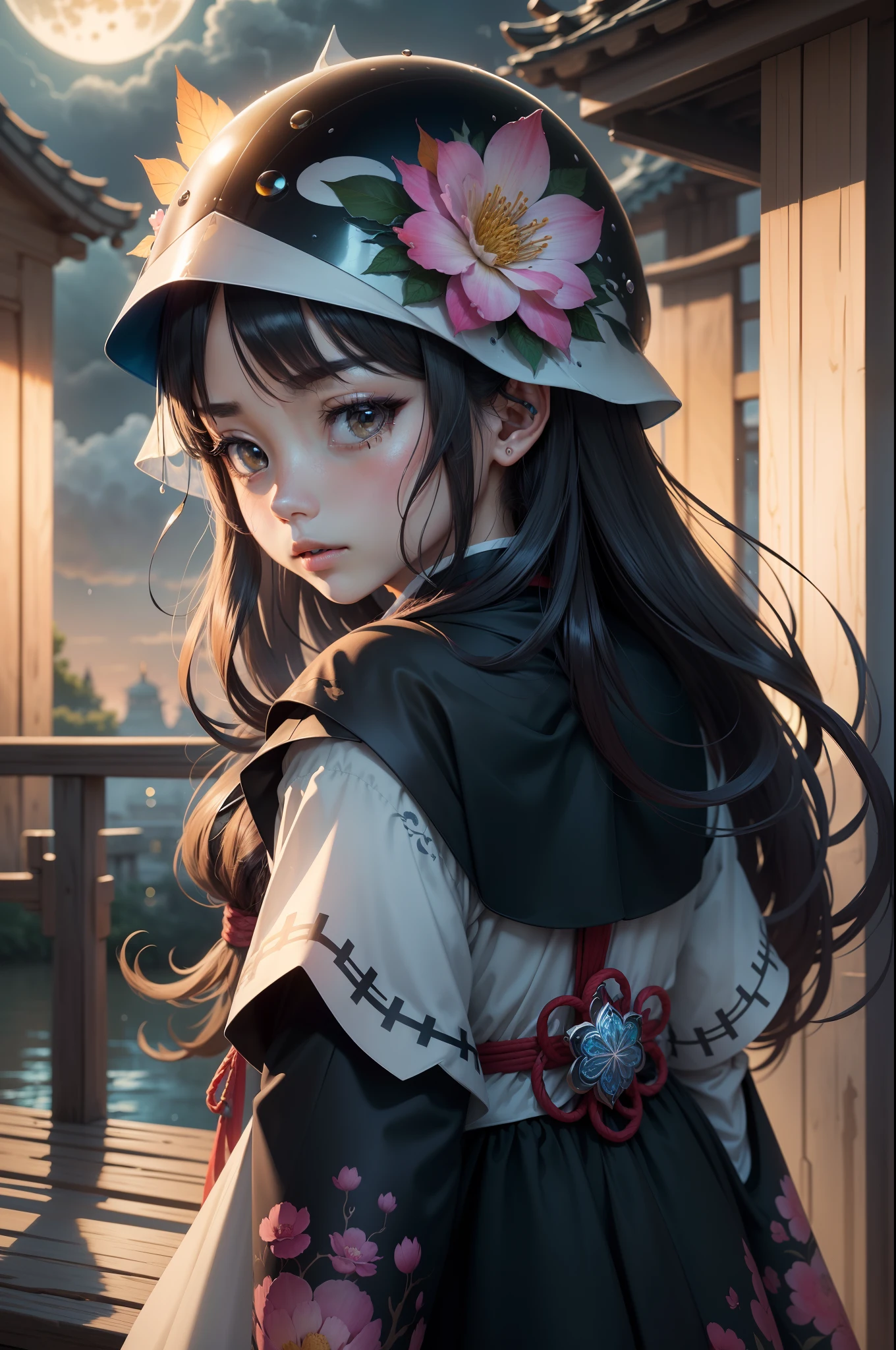 8K, RAW photo:1.2), Best quality, 超高分辨率,Dramatic angle,(fluttering detail color splash), (illustration),(((1 girl))),(Long hair),(rain:0.9), (head gear:1.4),There is an ancient palace beside the girl，Characters shrink，Background accounts for half,Hanfu,(focal point),colored ink drawing,(Splash color),Splash color,(((Colorful))),(sketching:0.8) , Masterpiece, Best quality, beautiful painted, High level of detail,(Denoising:0.6),[Splash ink],((ink refraction)), (Beautiful detailed sky),Moon,highly,A detailed,(Masterpiece, Best quality, Extremely detailed） CG unity 8k wallpaper，tmasterpiece，Best quality at best，ultra - detailed