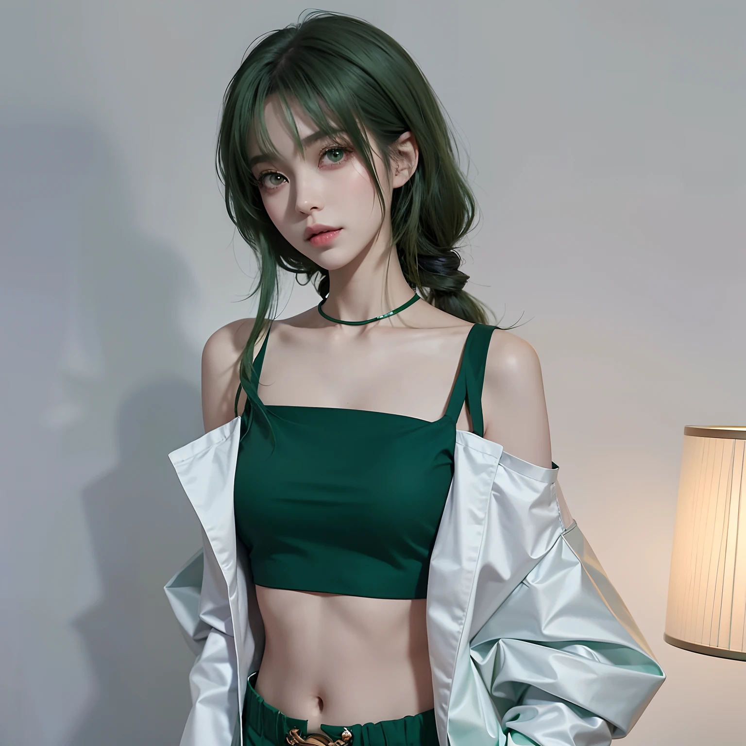A woman in a green shirt and green pants poses for a photo, Anime girl in real life, Style anime, photo of slim girl model, Cai Xukun, Anime girl cosplay, seductive anime girls, ulzzangs, Green clothes, attractive anime girls, anime set style, anime-inspired, ( ( Dark green, green halter top, style of anime