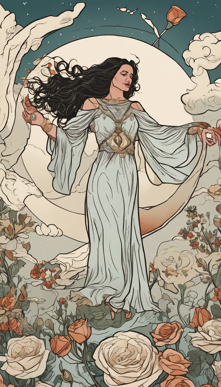 tarot card background，A woman with black hair and straight hair holds a bouquet of white roses in her left hand，Jump off a cliff，The right hand holds the scepter，There are bags on it，There are white clouds all around，The sun is bright，white backgrounid，There is a white cat at his feet
