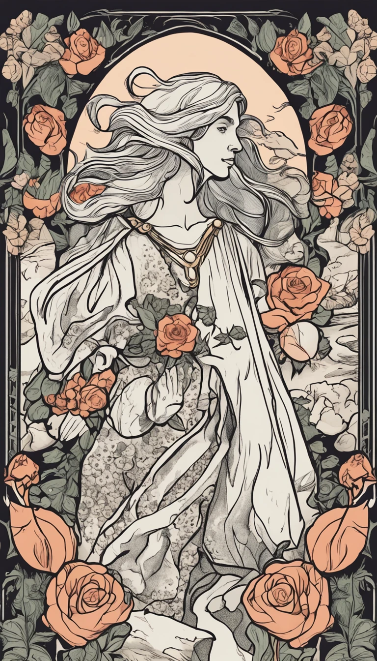 tarot card background，A woman with black hair and straight hair holds a bouquet of white roses in her left hand，Jump off a cliff，The right hand holds the scepter，There are bags on it，There are white clouds all around，The sun is bright，white backgrounid，There is a white cat at his feet