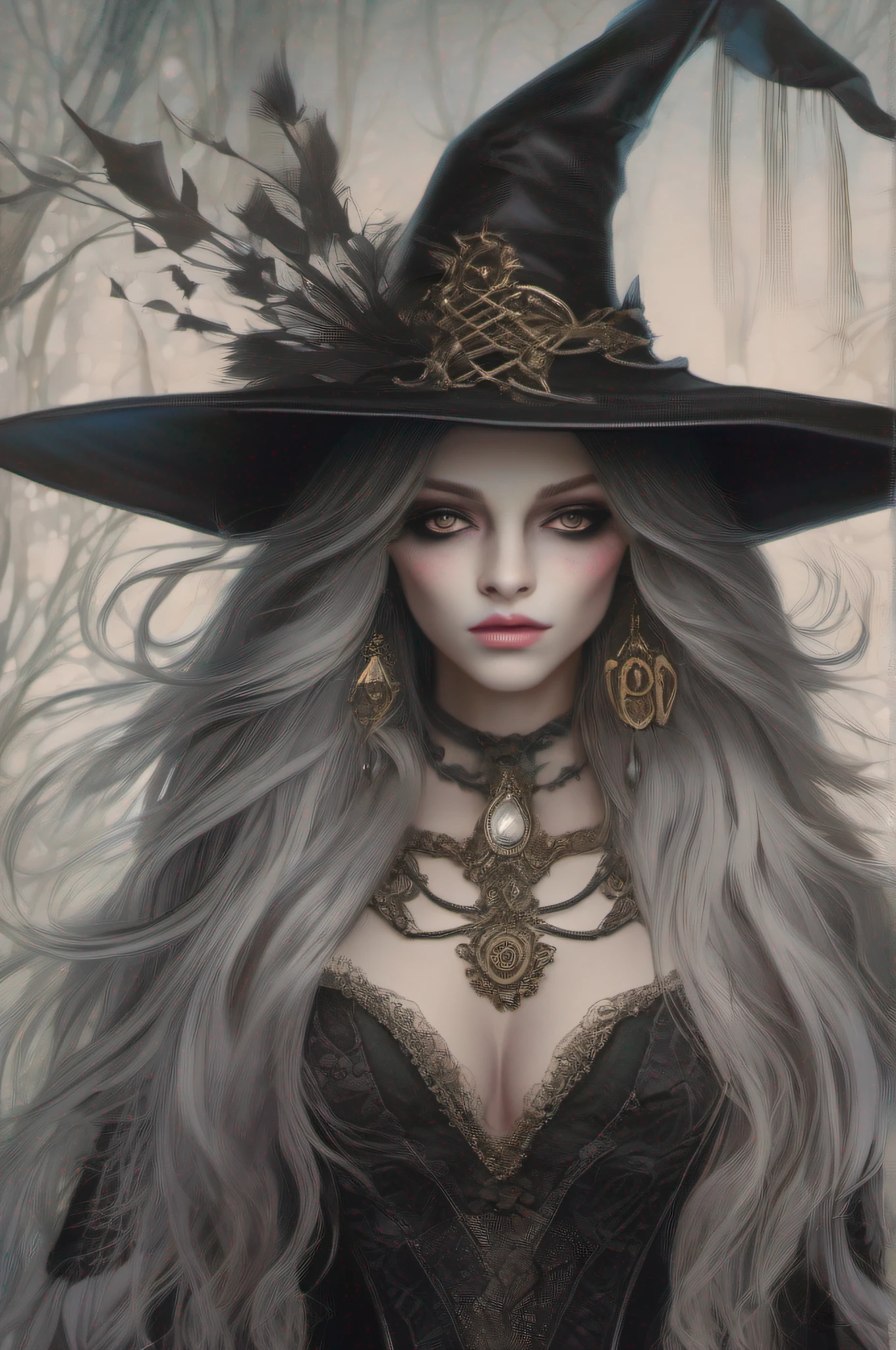 "RAW photo, best,masterpiece, best quality, high quality, extremely detailed,A mysterious and captivating witch in elegant attire, flowing hair and piercing eyes, wide-brimmed, pointed hat, surrounded by an enchanting aura of magic and mystery."