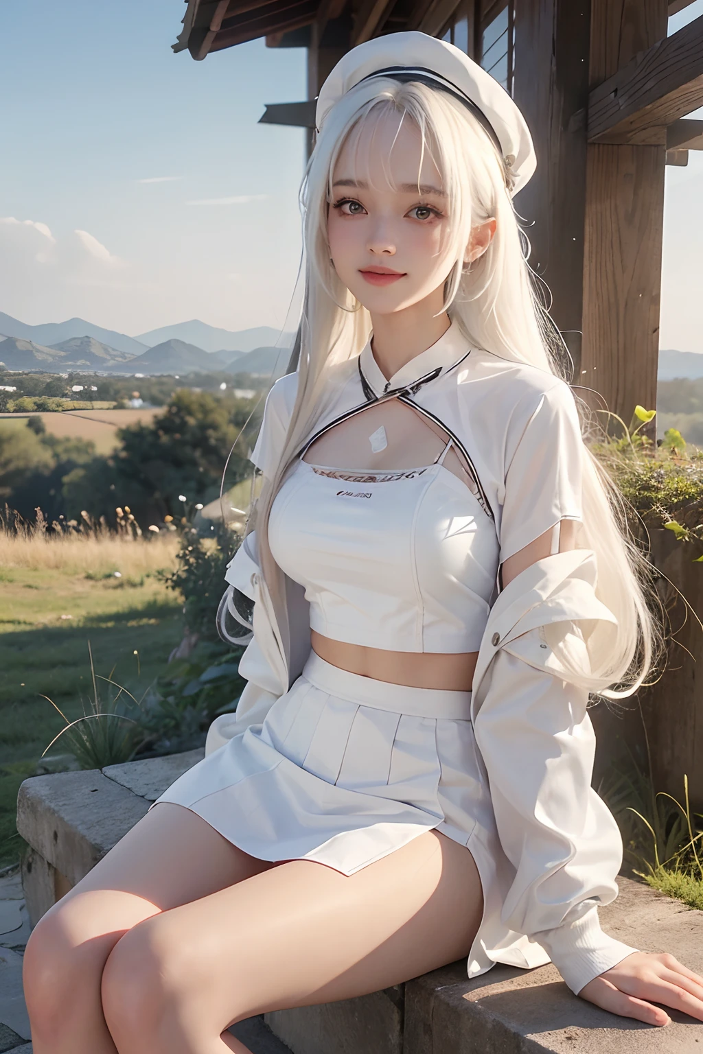 18 year old pretty girl, with white hair, long hair, bangs on the forehead, white skin, big breasts, wearing a short skirt, revealing clothes, a short T-shirt that covers the chest, a mesh jacket outside, wearing a style hat, gentle brown eyes, smiling face, rosy cheeks, sitting and taking pictures in the middle of the countryside at sunset