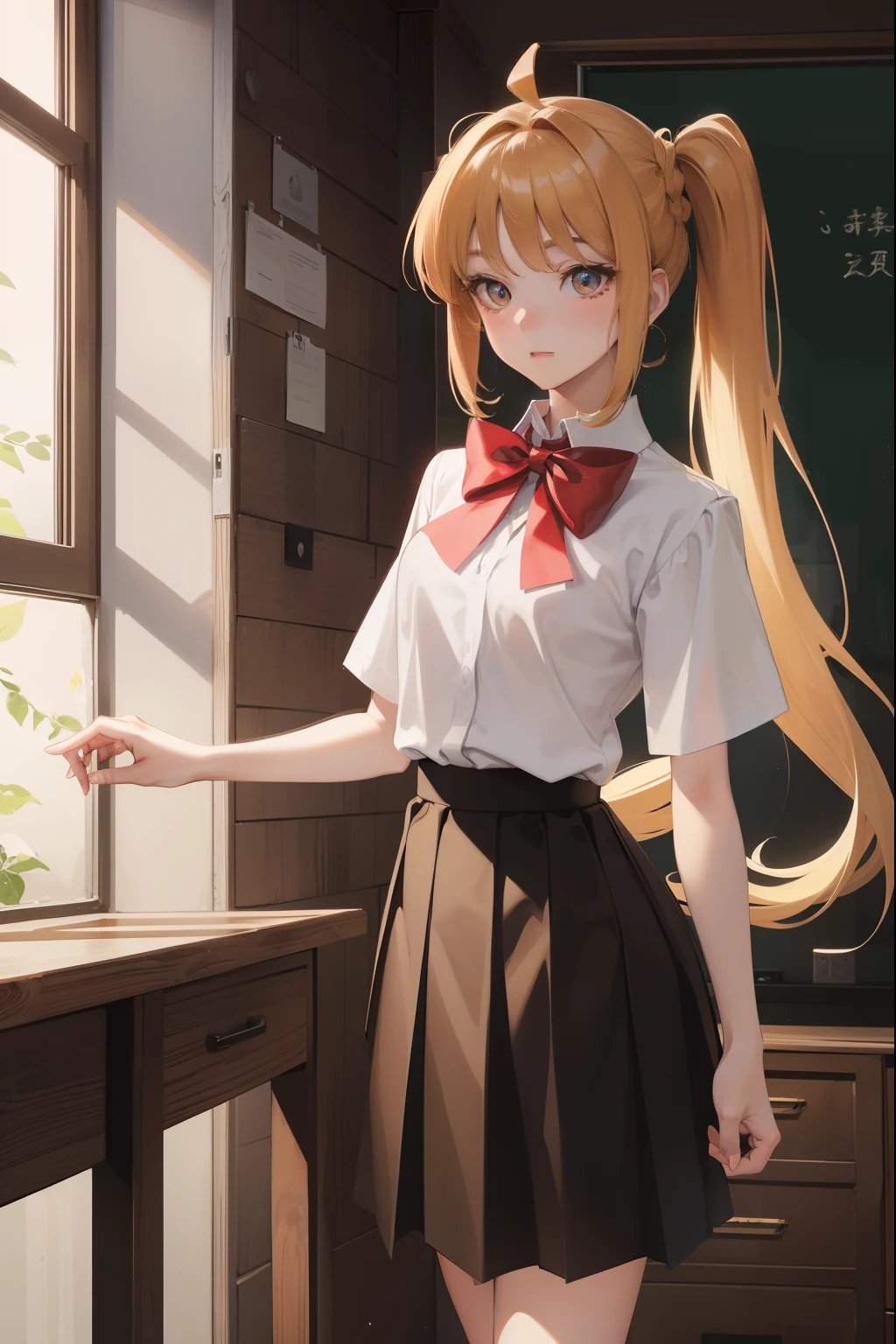 nijikaijichi, nijika ijichi, ahoge, blonde hair, (brown eyes:1.5), long hair, one side up,
BREAK black skirt, bow, bowtie, collared shirt, pleated skirt, polka dot, polka dot bow, red bow, red bowtie, red footwear, shirt, shoes, short sleeves, skirt, socks, white shirt, white socks,
BREAK looking at viewer,
BREAK indoors, classroom,
BREAK (masterpiece:1.2), best quality, high resolution, unity 8k wallpaper, (illustration:0.8), (beautiful detailed eyes:1.6), extremely detailed face, perfect lighting, extremely detailed CG, (perfect hands, perfect anatomy),