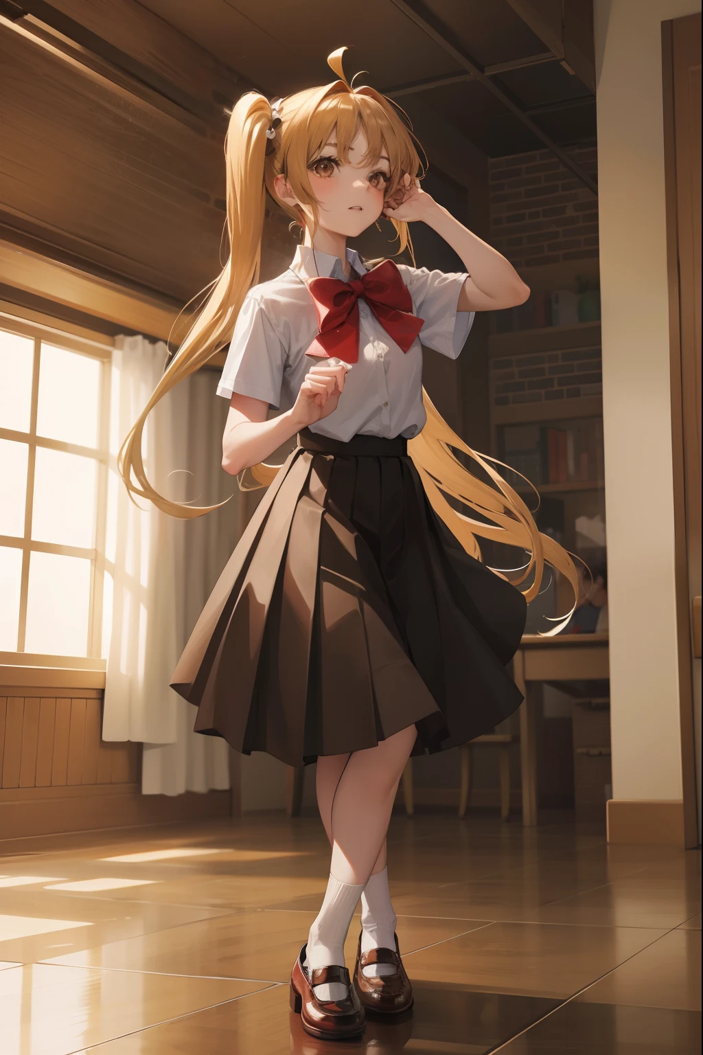 nijikaijichi, nijika ijichi, ahoge, blonde hair, (brown eyes:1.5), long hair, one side up,
BREAK black skirt, bow, bowtie, collared shirt, pleated skirt, polka dot, polka dot bow, red bow, red bowtie, red footwear, shirt, shoes, short sleeves, skirt, socks, white shirt, white socks,
BREAK looking at viewer,
BREAK indoors, classroom,
BREAK (masterpiece:1.2), best quality, high resolution, unity 8k wallpaper, (illustration:0.8), (beautiful detailed eyes:1.6), extremely detailed face, perfect lighting, extremely detailed CG, (perfect hands, perfect anatomy),