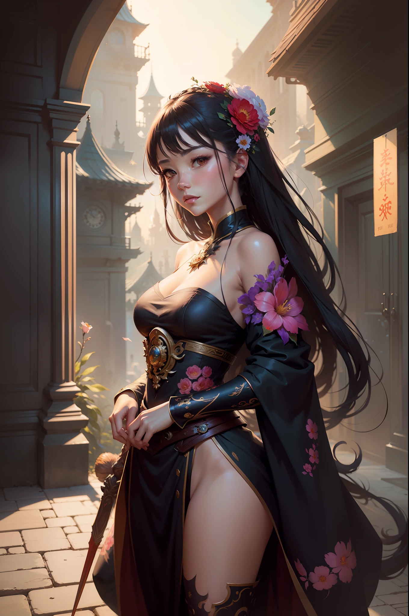 there is a woman with a flower in her hair, Guviz-style artwork, Beautiful character painting, style of wlop, Spastic Painting wind, beautiful fantasy art portrait, WLOP Art, guweiz masterpiece, digital fantasy art ), by Yang J, art by wlop, a beautiful fantasy empress, Inspired by WLOP, stunning digital illustration
