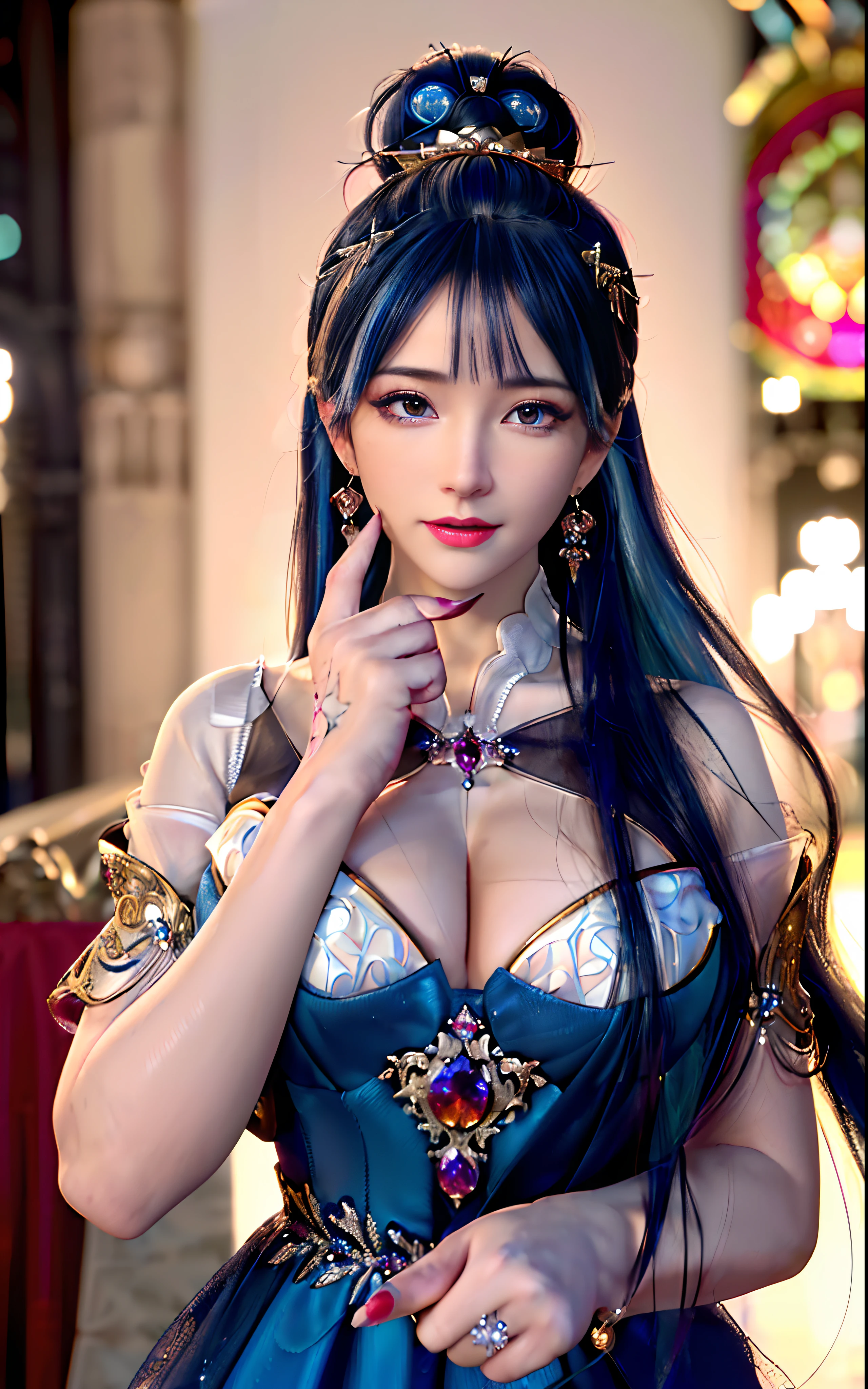 ((realisticity: 1.2)), ((realistic: 8K UHD)), ((best resolution: 8K UHD)), hyper detailed, best quality,masterpiece,highres,cg, ((1 girl hyper detailed and hyper realistic) ) , ((beautiful queen, hyper realistic and hyper detailed)),((white skin, beautiful, smooth, youthful, hyper realistic and hyper detailed )), ((Face hyper beautiful, white, hyper realistic and hyper detailed ) ), long hair, ((hyper realistic and hyper detailed dress)), solo, ((hyper realistic, hyper beautiful, beautiful and hyper detailed jewelry)), ((hyper beautiful deep red and golden yellow dress, hyper realistic and hyper detailed )) , ((Her pretty, hyper realistic, hyper detailed diamond filled earrings)), ((Her gorgeous diamond haircut, hyper realistic and hyper detailed)), ((hyper pretty upper body, hyper beautiful, hyper realistic and hyper detailed) ), ((medium breast: 1.1)), ((hyper realistic, hyper pretty, hyper detailed boobs)), ((the backgroun of the royal palace is hyper majestic, hyper realistic and hyper detailed)),((hands and palms hyper beautiful, hyper detailed, hyper realistic)), ((hyper detailed and hyper realistic fingers and fingernails)), ((hyper pretty fingernails, hyper vivid, hyper detailed, hyper realistic)), ((thumb, index finger, middle finger, ring finger, little finger hyper vivid, hyper pretty, hyper detailed, hyper realistic)), ((hyper beautiful fingers, hyper detailed, and hyper realistic)), ((posture not too fat and not too thin, hyper realistic, hyper detail)), ((hyper pretty, hyper pretty, hyper realistic and hyper detailed hair bun)), ((hyper pretty , hyper realistic and hyper detailed blue hair)), candid, Photo, high resolution, 8k , bokeh,