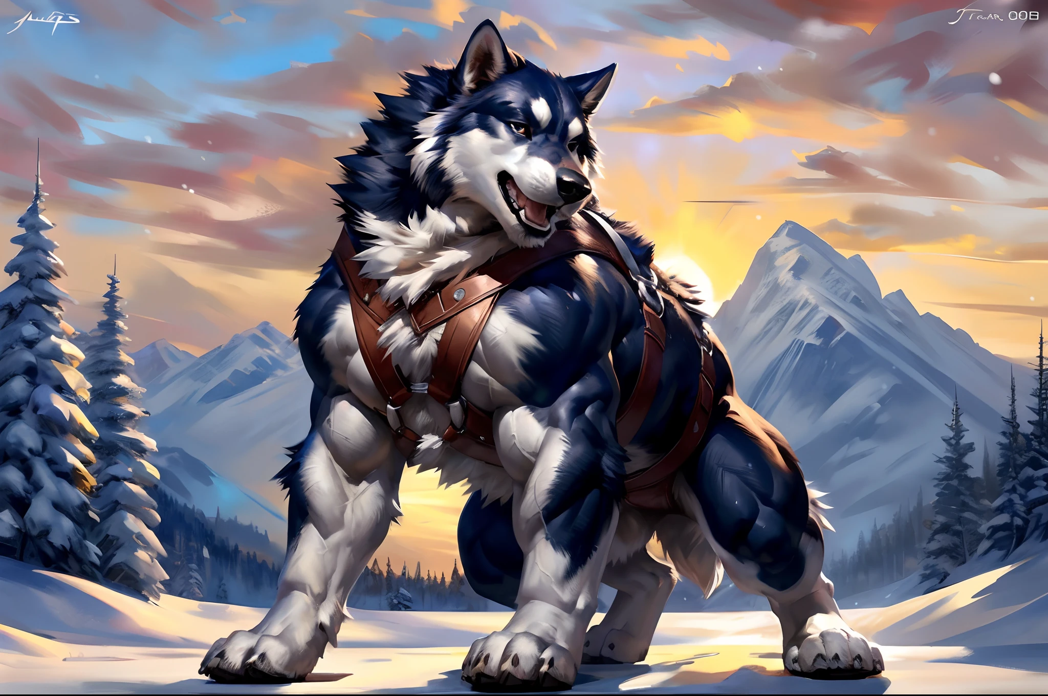 muscular feral alaskan malamute posing for the camera, wearing harness. 4k, high resolution, best quality, perfect colors, perfect shadows, perfect lighting, posted on e621, furry body, feral dog, quadruped dog, alaskan malamute, solo, male, adult, masculine, (very muscular, buff, thick build:1.2), correct anatomy, (photorealistic fur, detailed fur, epic, masterpiece:1.2), (detailed winter background, snowing, cloudy sky, sunset), sexy shadows, (by echin, by Taran Fiddler, by vorusuarts, by Traver009, by Juiceps), (detailed eyes:1.2), impressive physique, confident pose, strong pose, confident face, proud, looking at camera, close-up, open mouth, low-angle shot