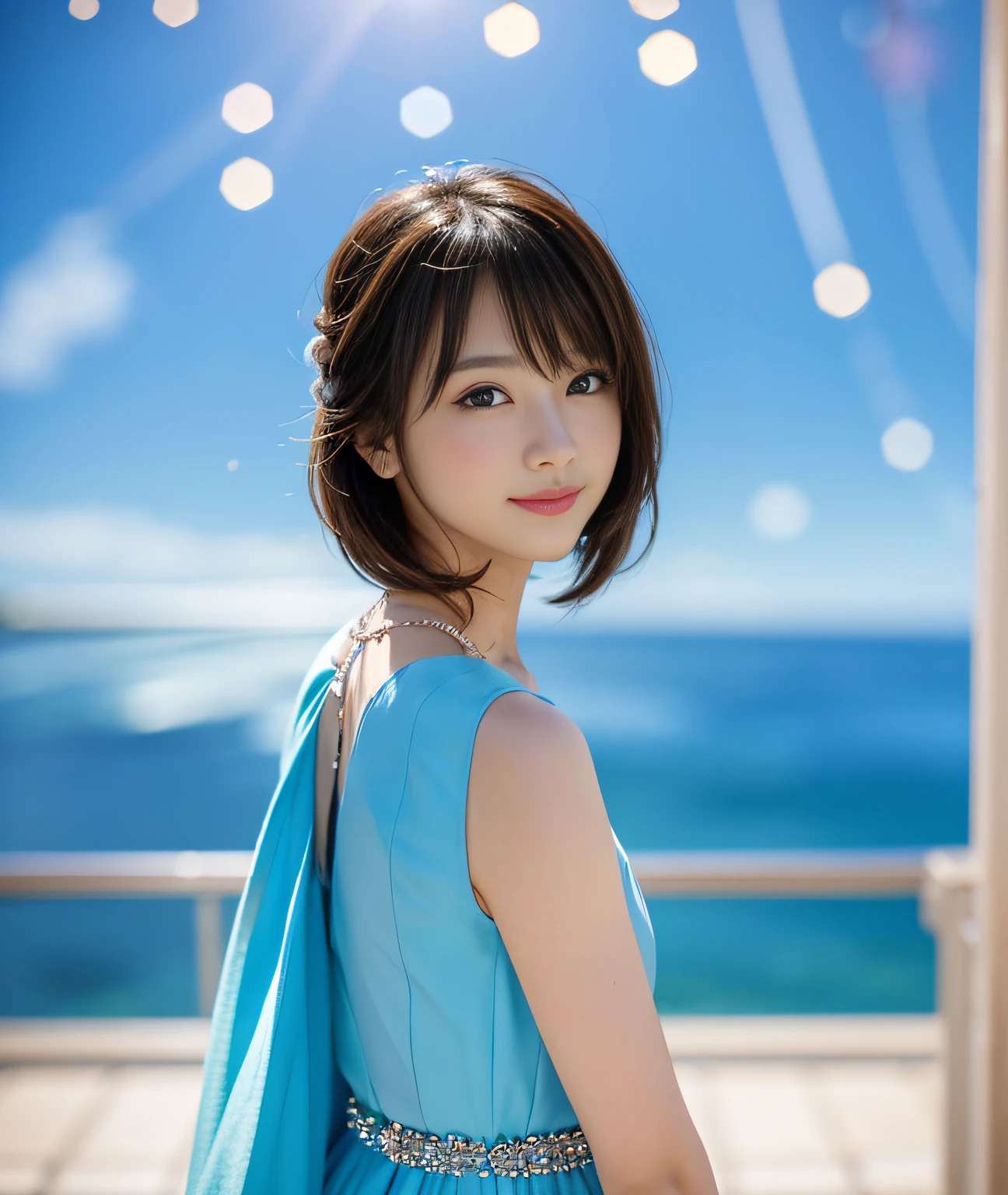 1girl in、(looking looking at viewer)、(bokeh dof:1.1)、Parted lips、Shy smile、realisitic、Light blue dress、Fashionable、celebrities、A sexy、sky line、realisitic、Beautuful Women