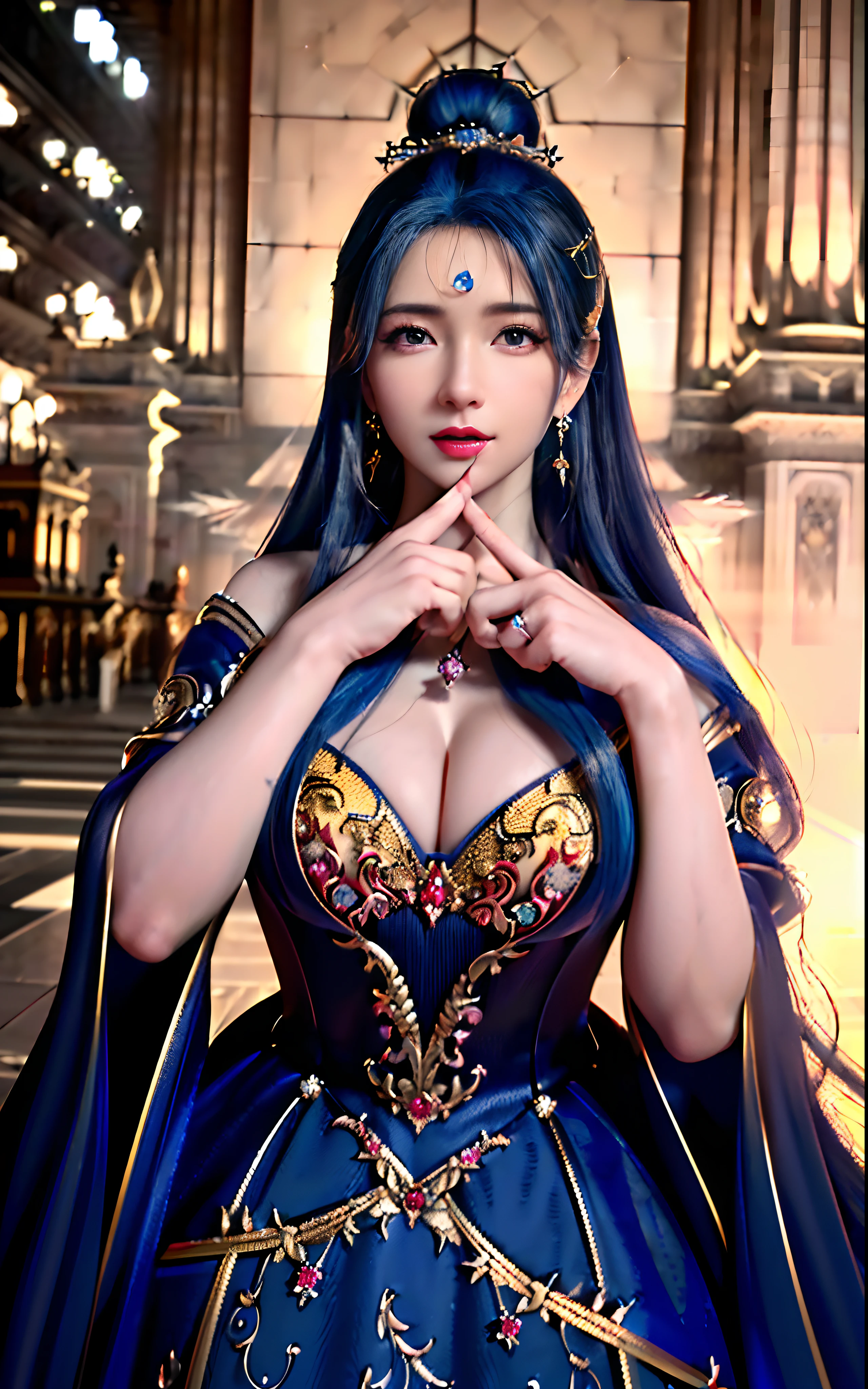 ((realisticity: 1.2)), ((realistic: 8K UHD)), ((best resolution: 8K UHD)), hyper detailed, best quality,masterpiece,highres,cg, ((1 girl hyper detailed and hyper realistic) ) , ((beautiful queen, hyper realistic and hyper detailed)),((white skin, beautiful, smooth, youthful, hyper realistic and hyper detailed )), ((Face hyper beautiful, white, hyper realistic and hyper detailed ) ), long hair, ((hyper realistic and hyper detailed dress)), solo, ((hyper realistic, hyper beautiful, beautiful and hyper detailed jewelry)), ((hyper beautiful deep red and golden yellow dress, hyper realistic and hyper detailed )) , ((Her pretty, hyper realistic, hyper detailed diamond filled earrings)), ((Her gorgeous diamond haircut, hyper realistic and hyper detailed)), ((hyper pretty upper body, hyper beautiful, hyper realistic and hyper detailed) ), ((medium breast: 1.1)), ((hyper realistic, hyper pretty, hyper detailed boobs)), ((the backgroun of the royal palace is hyper majestic, hyper realistic and hyper detailed)),((hands and palms hyper beautiful, hyper detailed, hyper realistic)), ((hyper detailed and hyper realistic fingers and fingernails)), ((hyper pretty fingernails, hyper vivid, hyper detailed, hyper realistic)), ((thumb, index finger, middle finger, ring finger, little finger hyper vivid, hyper pretty, hyper detailed, hyper realistic)), ((hyper beautiful fingers, hyper detailed, and hyper realistic)), ((posture not too fat and not too thin, hyper realistic, hyper detail)), ((hyper pretty, hyper pretty, hyper realistic and hyper detailed hair bun)), ((hyper pretty , hyper realistic and hyper detailed blue hair)), candid, Photo, high resolution, 8k , bokeh,