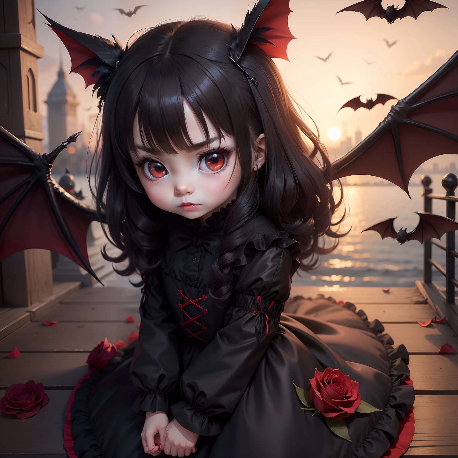 Cute Baby Chibi Anime,Vampires,Black Plain Crow Feather Dress,Embrace a lot of bats,irate,glares,Victoria Harbour,Stepping on a lot of red roses