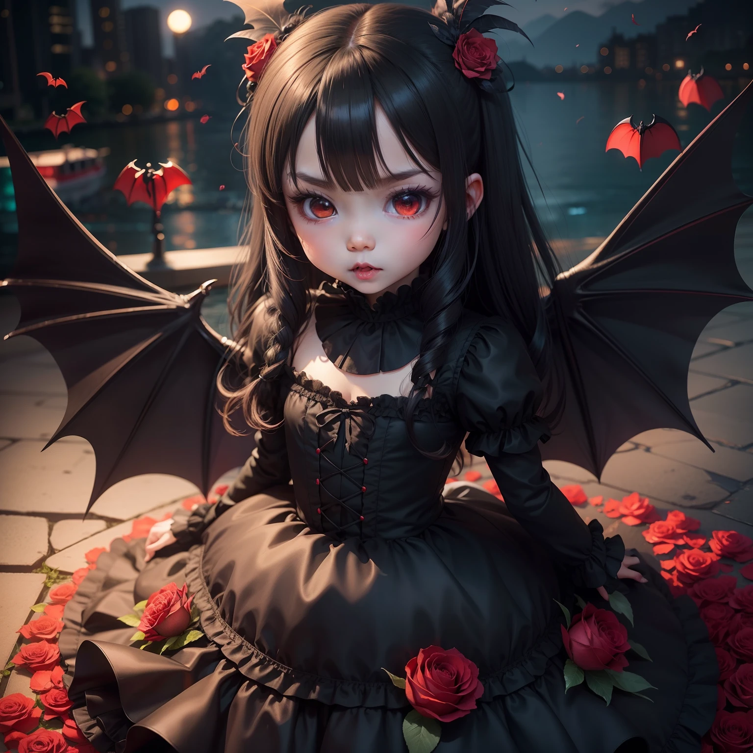 Cute Baby Chibi Anime,Vampires,Black Plain Crow Feather Dress,Lots of bats flap their wings,,irate,glares,Victoria Harbour,Stepping on a lot of red roses