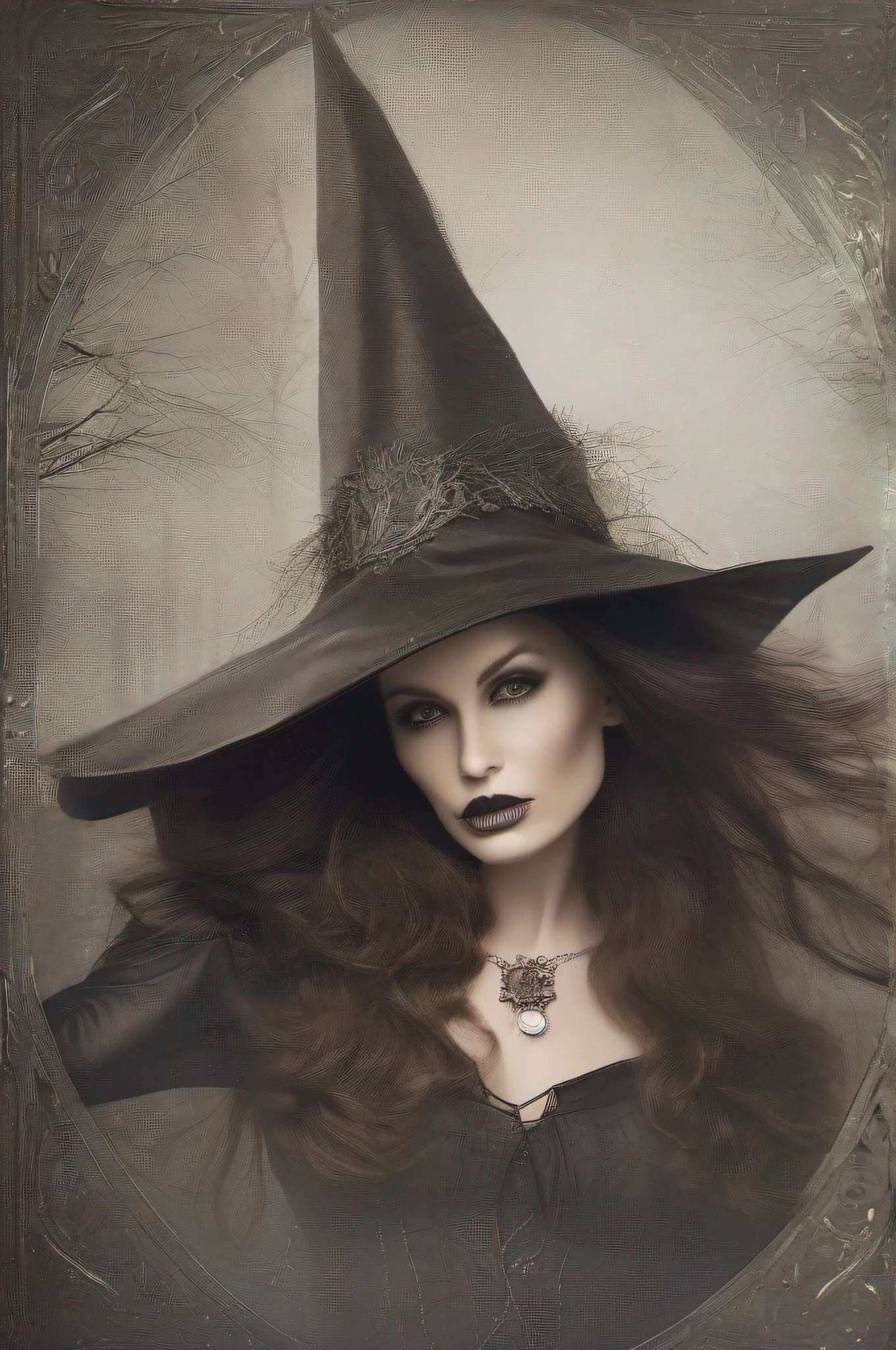 "RAW photo, best,masterpiece, best quality, high quality, extremely detailed,A mysterious and captivating witch in elegant attire, flowing hair and piercing eyes, wide-brimmed, pointed hat, surrounded by an enchanting aura of magic and mystery."