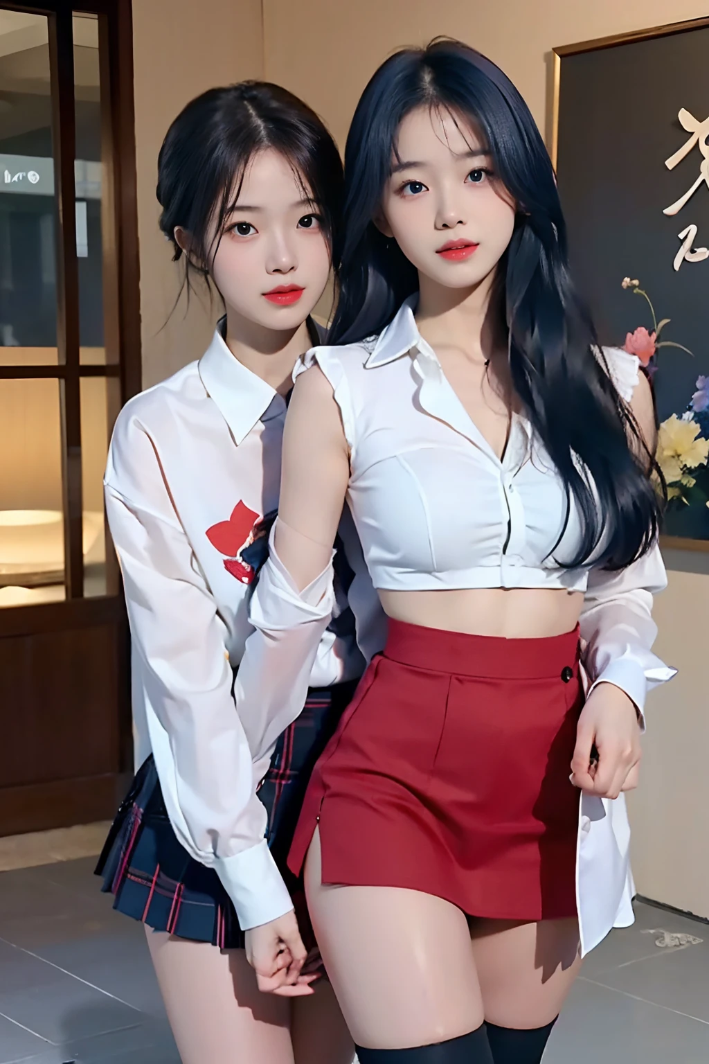 ((Two girls,duo,Face focus,caressing the,Postural collar))"Beautiful female characters in anime style、navel,Short blue hair、eBlue eyes、A smile、blazers、white  shirt、red bowtie、red plaid skirt、Figures in black stockings、Bouquet in hand、Scene of dancing in the summer garden。With high-quality depictions and the highest quality、emphasizing thighs、In the bright sun、The whole body glows、Paint a gorgeous picture。" A high resolution， the detail， RAW photogr， Sharp Re， Nikon D850 Film Stock Photo by Jefferies Lee 4 Kodak Portra 400 Camera F1.6 shots, Rich colors, ultra-realistic vivid textures, Dramatic lighting, Unreal Engine Art Station Trend, cinestir 800，
(Photography：Canon EOS R6, 85 mm, 1/1250, f/2.0, ISO 400)、extra detailed body、extra detailed face、best qualtiy:1.2)
