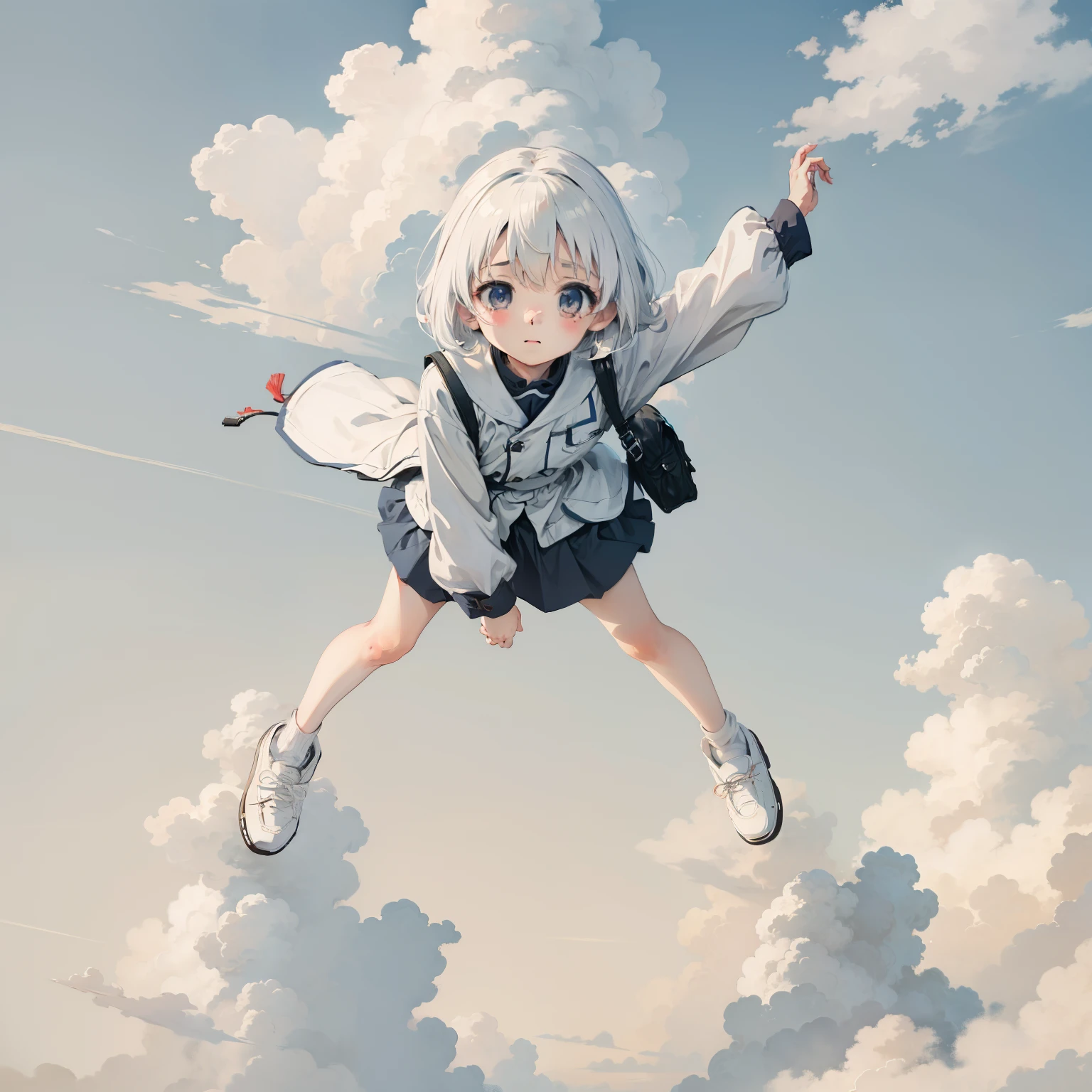Above the white clouds,White clouds,City of Clouds, 1girll, Little girl flying over white clouds,Loli,elementary student, Solo, (with short white hair:1.2),