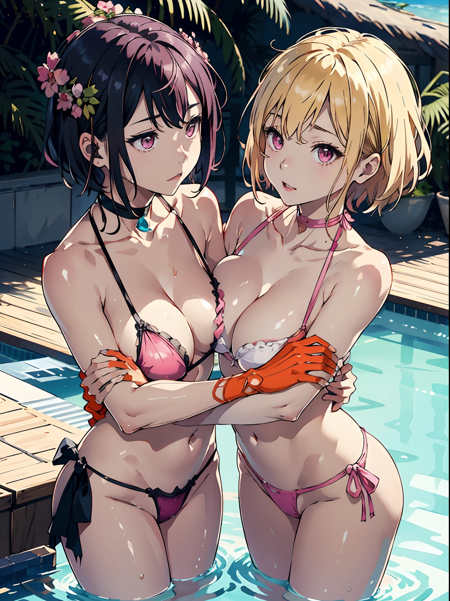 (masuter piece:1.2、top-quality)、(shinny skin)、(2 girls)、((Hugging each other as if pressing against each other))、、maikurobikini、between breasts、blonde hair、((Chest Hold))、breastsout、a choker、cleavage of the breast、鎖骨、verd s eyes、(((Colossal tits)))、Short hair、see the beholder、pink back ground、Pink eyes、瞳の中に♥️、Opposite chests、Outdoor pool、Resort、beatiful backgrounds、Detailed drawing、Anatomical depiction of the human body、Accurate drawing、high-class sense、bustup、Shot from diagonally below、Perfect Photo、symmetry