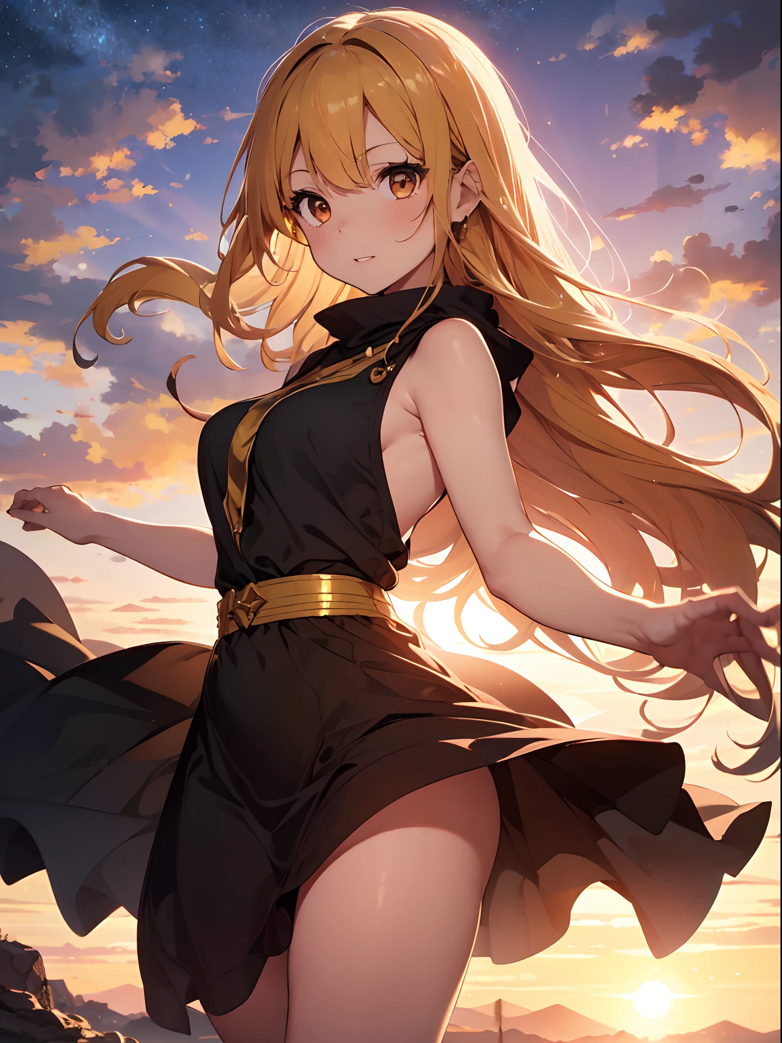 absurdres, highres, ultra detailed, (1 girl:1.3), (solo:1.4), yellow
BREAK
, cel shading, bold outlines, flat colors, graphic style, manga influence
BREAK
, rim lighting, warm tones, sun flare, soft shadows , (sunset:1.5)
BREAK