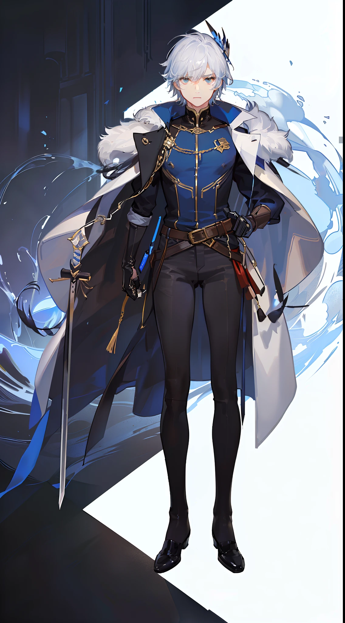 Grown-up guy, short white hair, eyes with blue color, Blue leather coat, belts, circuits, breeches, two swords, Masterpiece, hiquality