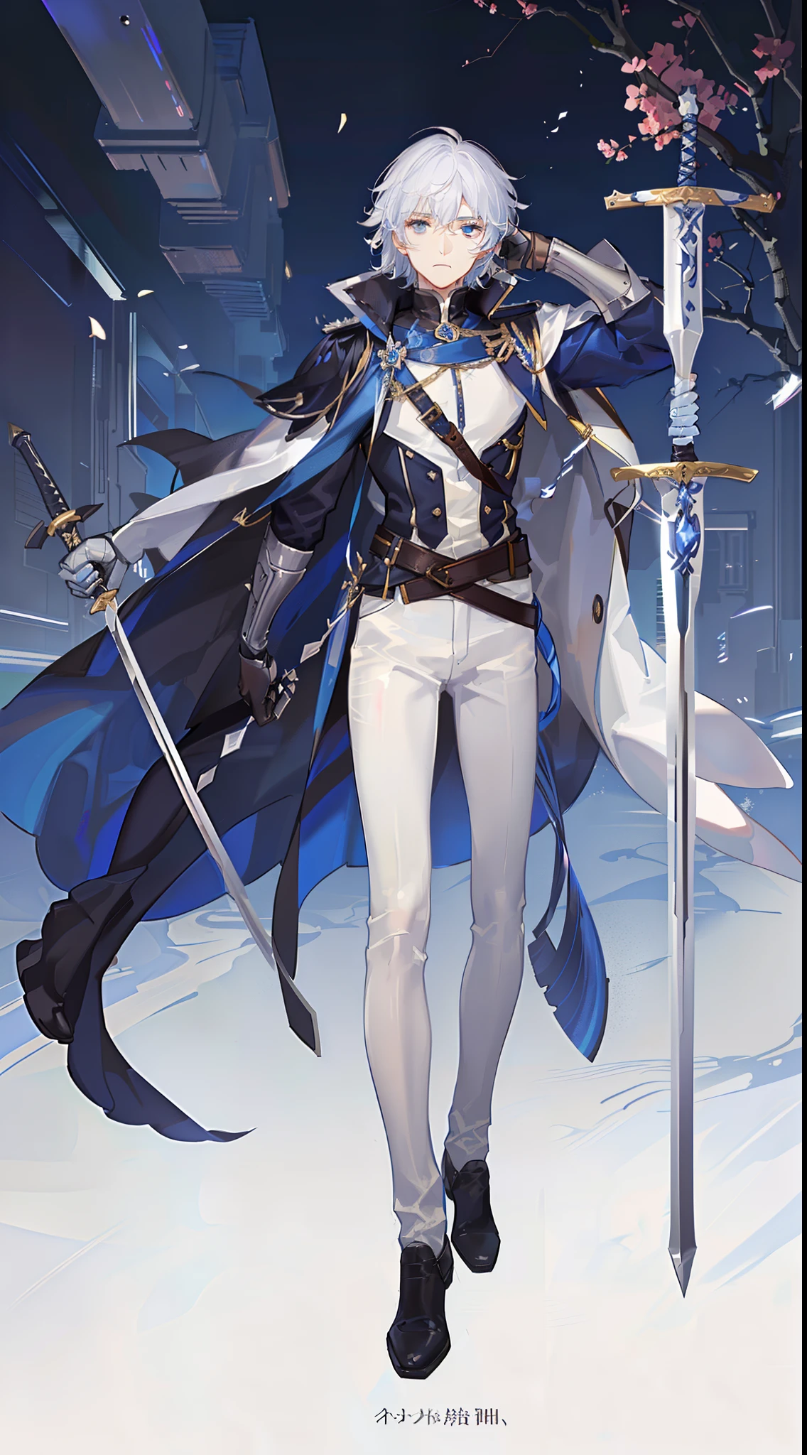 Grown-up guy, short white hair, eyes with blue color, Blue leather coat, belts, circuits, breeches, two swords, Masterpiece, hiquality