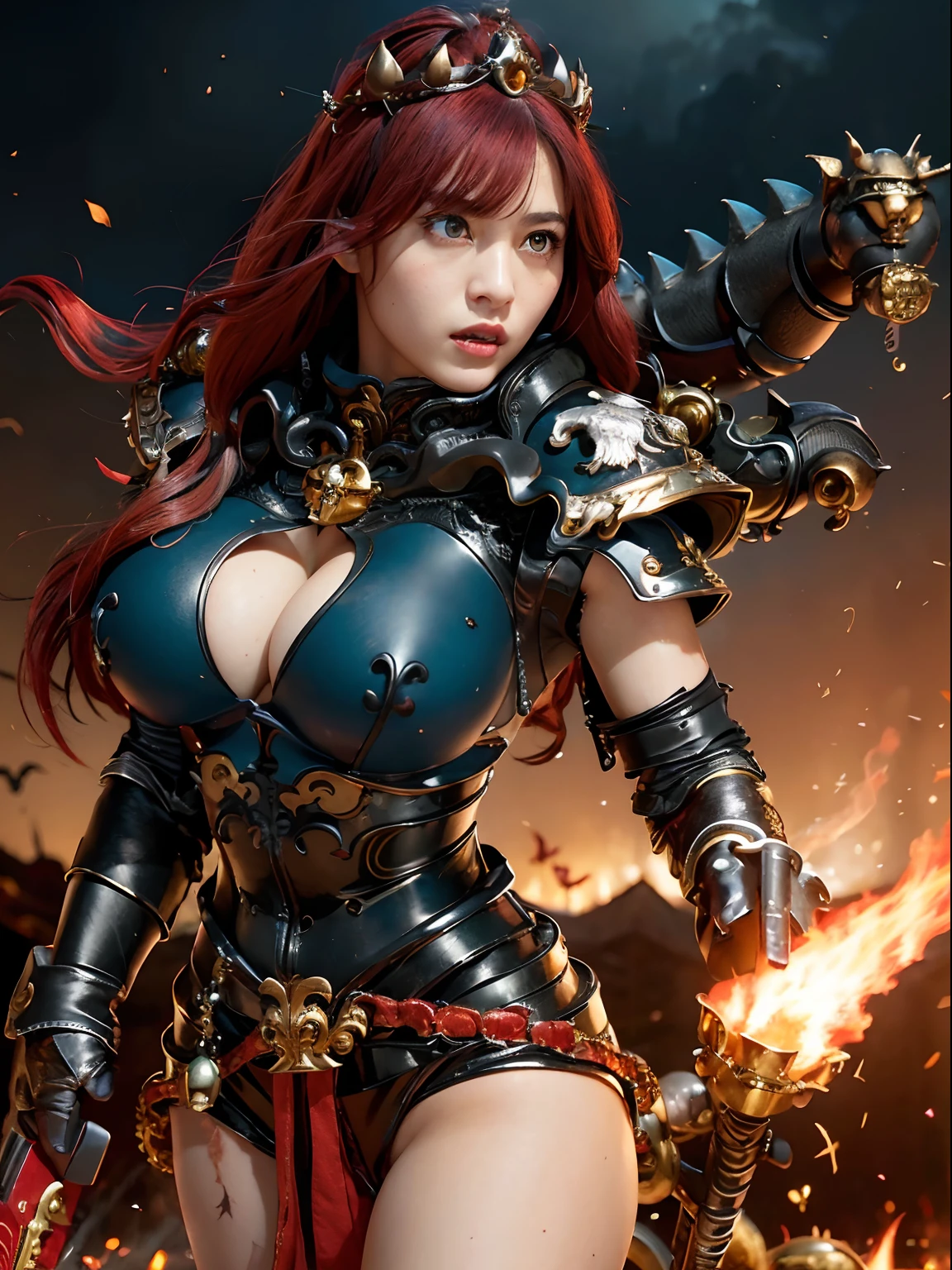 (masutepiece), Professional , ​masterpiece、top-quality、photos realistic , depth of fields 、（Dragon Black Metal Body:1.９),(Matte Blue Black、（cleavage of the breast）、Dragon Gold Weapon（Dragon Metal Body:1.４),Gorgeous gold weapons ,（（ Dragon's dense and gorgeous sword）） , （demonic wings）   ,warhammer 40k , adepta sororitas,Detail and gorgeous crown、（（Red hair））、（Castle background）、（（Gangle's forest background））、Beautiful Caucasian beauty、１a person、dynamic ungle,(((Detailed and ornate Black Dragon Crown)))、Smaller head、A smile、Castle background、Thin and beautiful female hands、cleavage of the breast、Soldier in iron armor on background、Mystical expression、Light Effects、intense fighting、Wind-effect、magic circles、With the legendary magic wand、Dragon's tail、