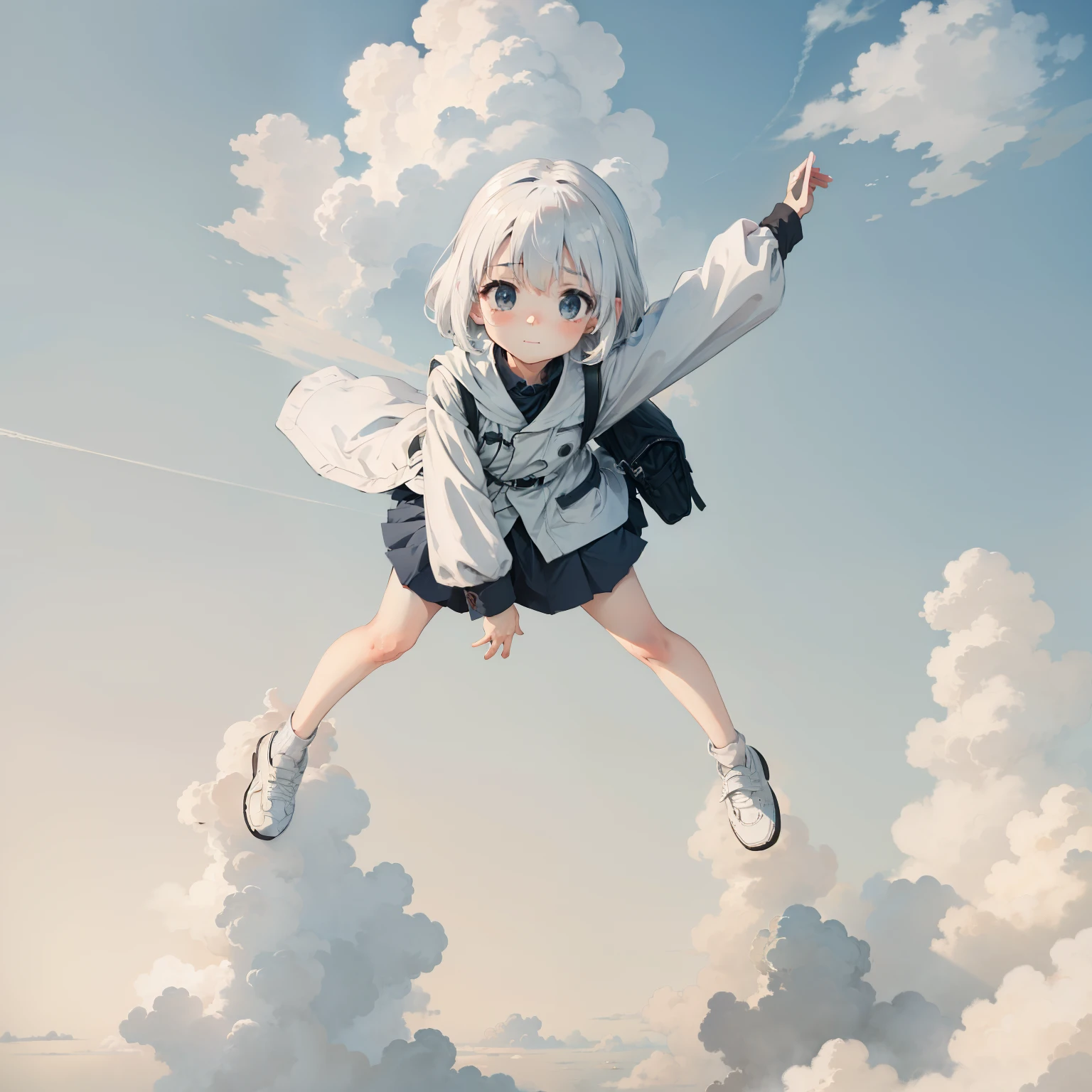 Above the white clouds，White clouds，City of Clouds， 1girll, Little girl flying over white clouds，Loli,elementary student， Solo, (with short white hair:1.2),