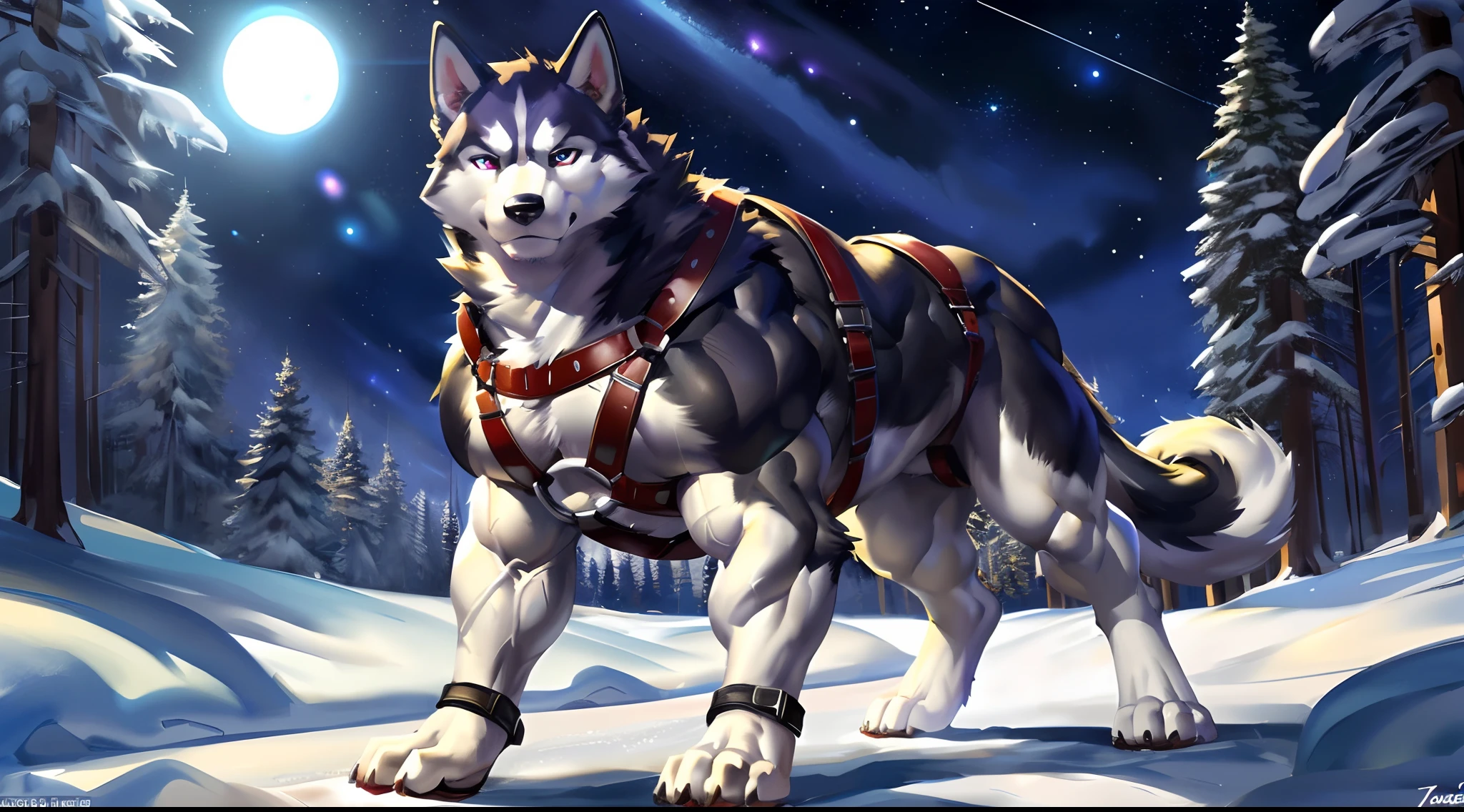 very muscular feral husky posing for the camera, wearing harness. 4k, high resolution, best quality, perfect colors, perfect shadows, perfect lighting, posted on e621, furry body, feral husky, quadruped husky, male, adult, masculine, (very muscular, large muscles, buff:1.2), correct anatomy, (photorealistic fur, detailed fur, epic, masterpiece:1.2), (detailed forest background, winter, night, stars), sexy shadows, (by echin, by vorusuarts, by Traver009, by Juiceps), (detailed husky eyes:1.2), sexy, shiny muscles, impressive physique, close to camera, close-up, confident, serious face, growl, vascular, proud