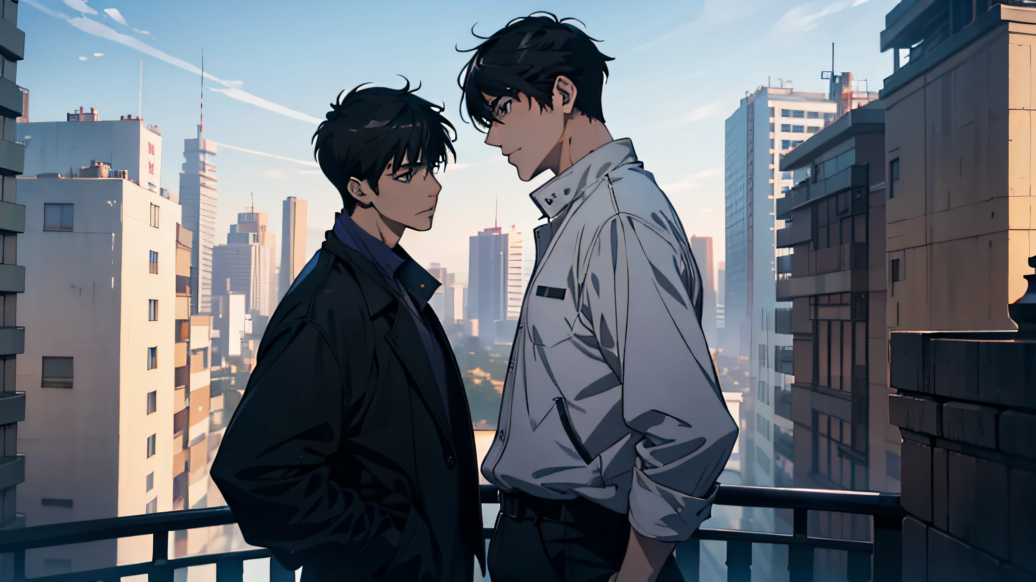 2 men male personality, Two handsome male protagonists，Anime couples meet on balconies and dormitories，It presents the style of Makoto Shinkai，These include Makoto Shinkai's new work《cain kuga》、《Guviz》and collaborations with artgerm，There are also official anime stills。ao mesmo tempo，There is also the interaction between Nick Silva and Ilya Kuvhinov，and the collaboration between Yusuke Murata and Makoto Shinkai。