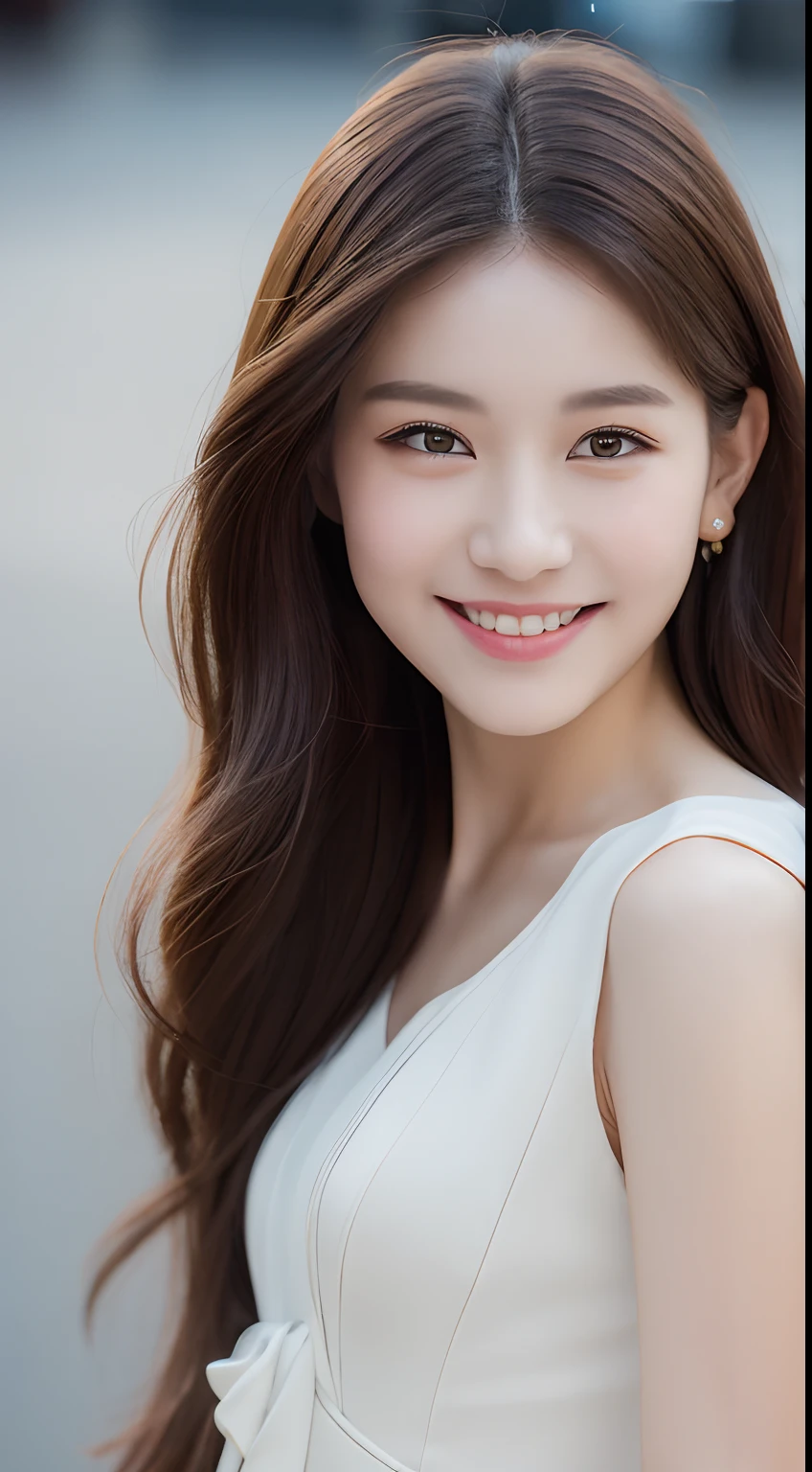 ((Best quality, 8k, Masterpiece :1.3)), 1girl, smiling, full body, slim face, Pretty woman, (Dark brown hair), full length dress :1.1, Ultra-detailed face, Detailed eyes, Double eyelid, blur background, slim face, city, outside, street,