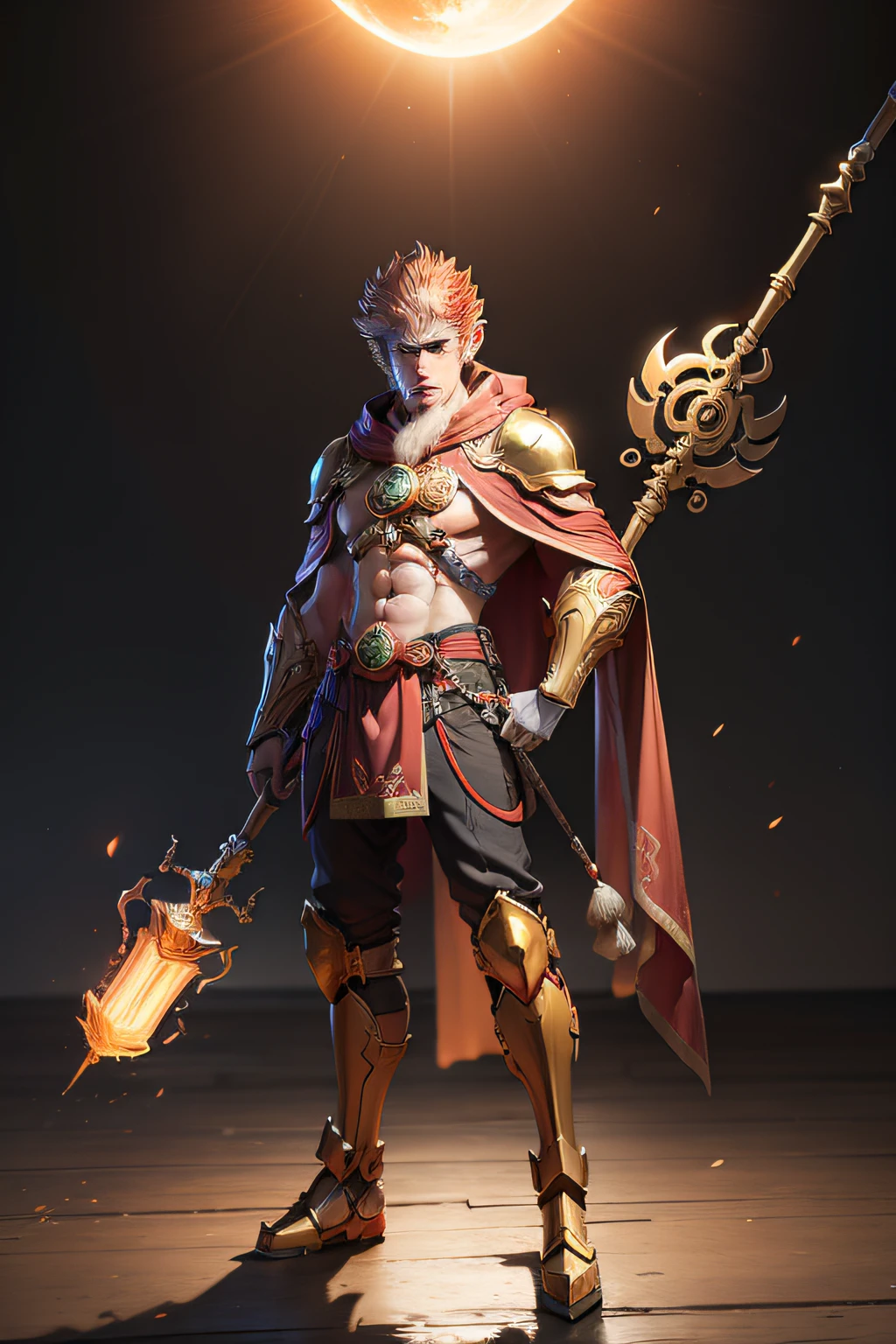 Sun Wukong，Unique mech equipment，Majestic and heroic，Standing between high pillars，Wearing a red cloak，Hold a golden hoop rod in your hand，Gold main tone。