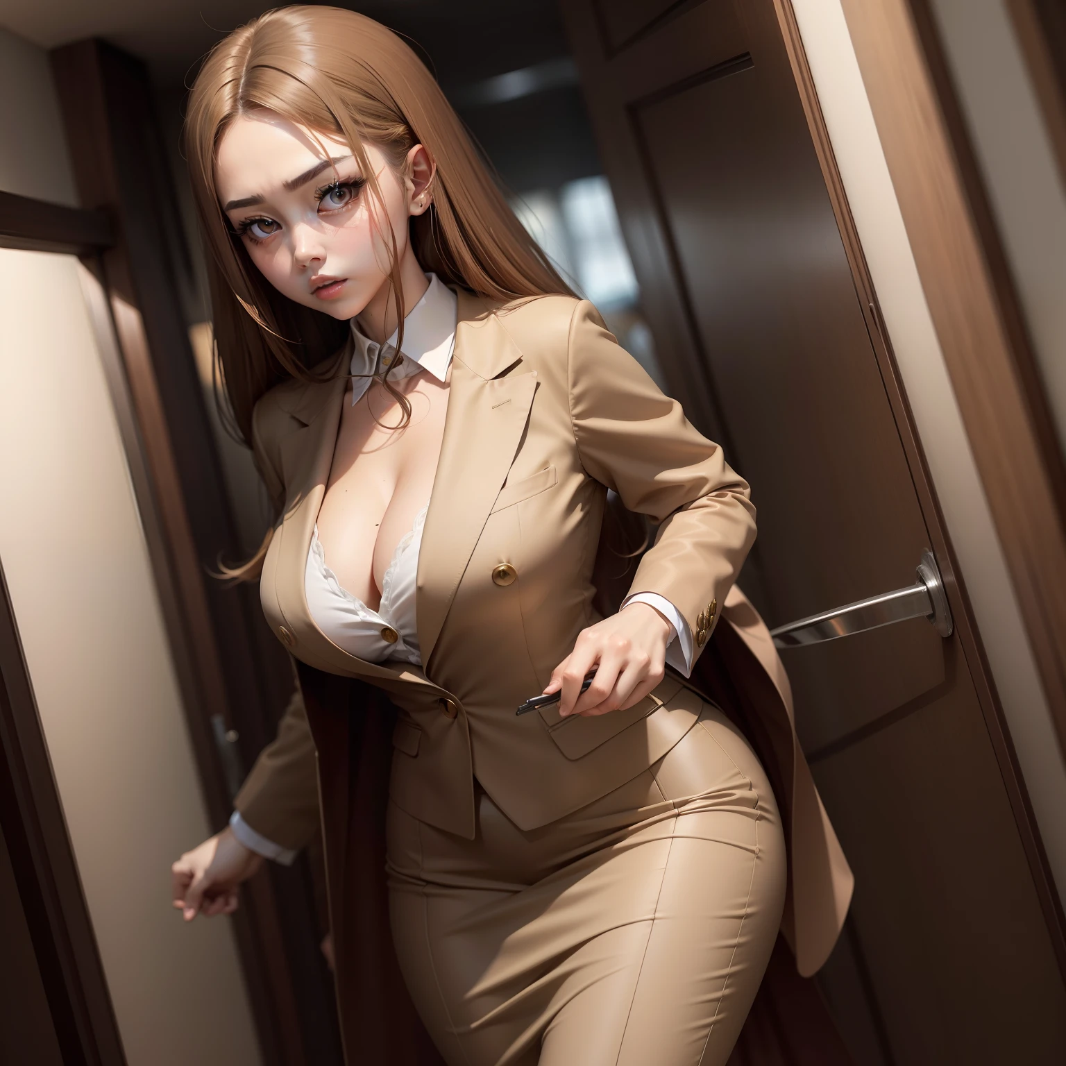 light brown hair and big eyes、long eyeslashes、Stylish woman wearing cleavage in suit cleavage full body