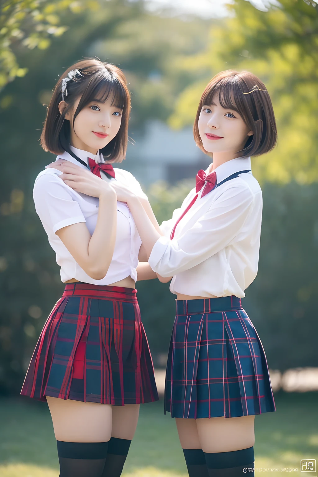 ((Two girls,duo,Face focus,caressing the,Postural collar))"Beautiful female characters in anime style、navel,Short blue hair、eBlue eyes、A smile、blazers、white  shirt、red bowtie、red plaid skirt、Figures in black stockings、Bouquet in hand、Scene of dancing in a summer garden。With high-quality depictions and the highest quality、emphasizing thighs、In the bright sun、The whole body glows、Paint a gorgeous picture。"