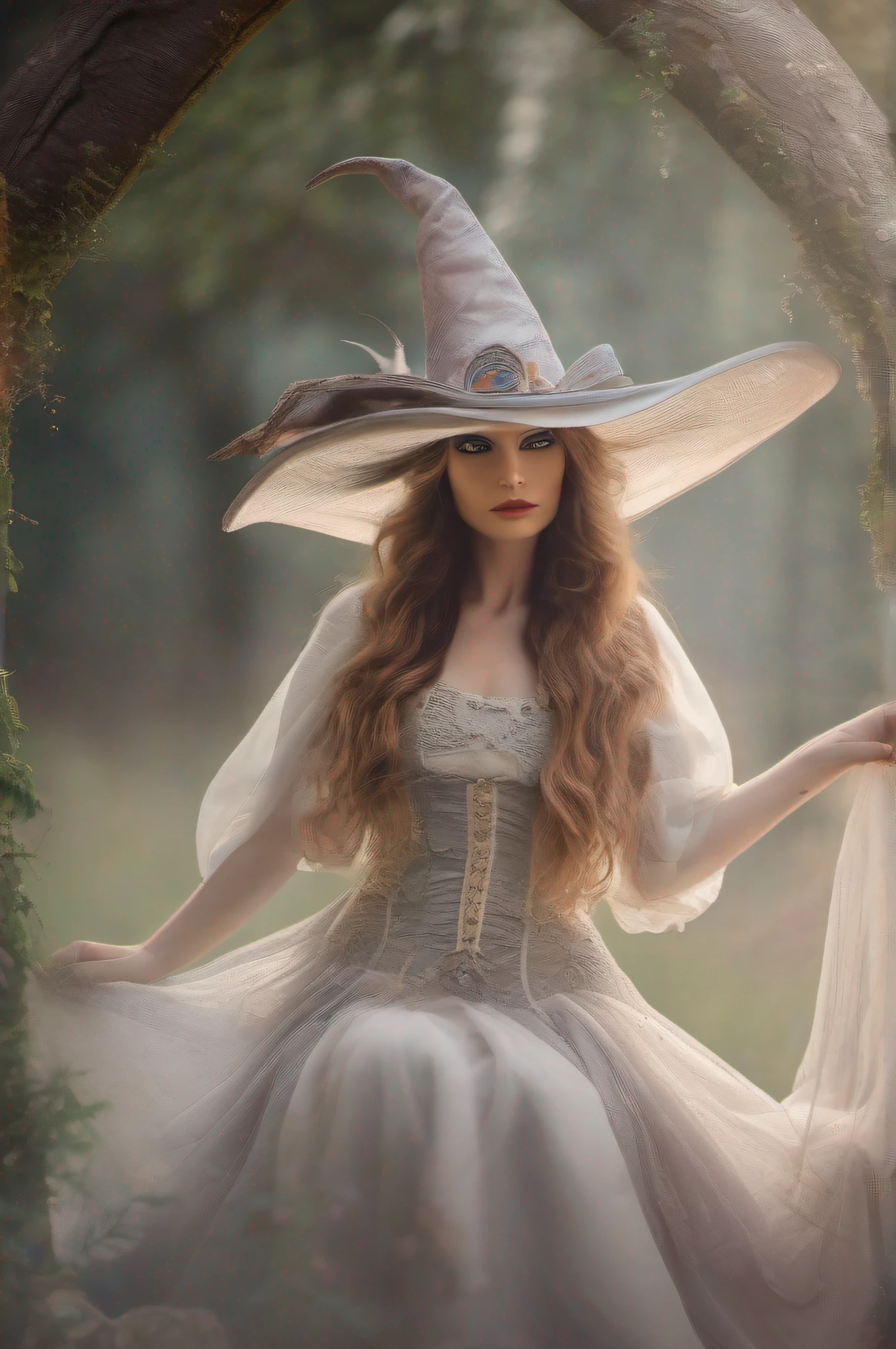 "RAW photo, best,masterpiece, best quality, high quality, extremely detailed,A mysterious and captivating witch in elegant attire, flowing hair and piercing eyes, wide-brimmed, pointed hat, surrounded by an enchanting aura of magic and mystery."